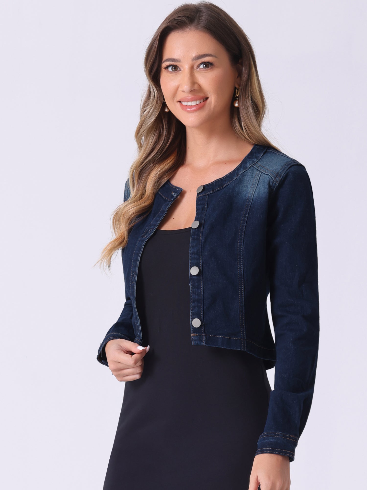 Denim Collarless Long Sleeve Button Down Crop Jean Jacket
