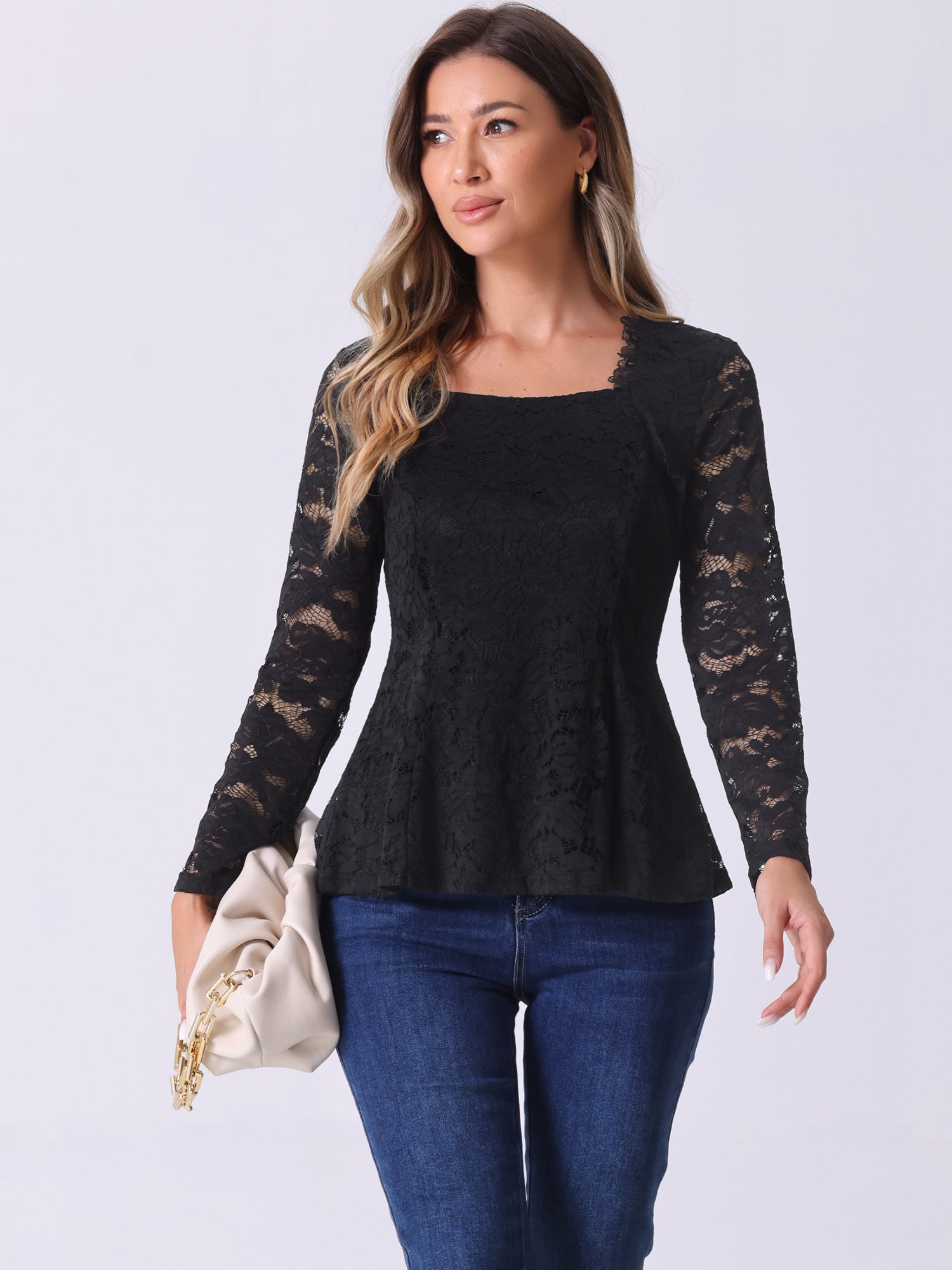 Lace Square Neck Long Sleeve Stertch Peplum Blouse