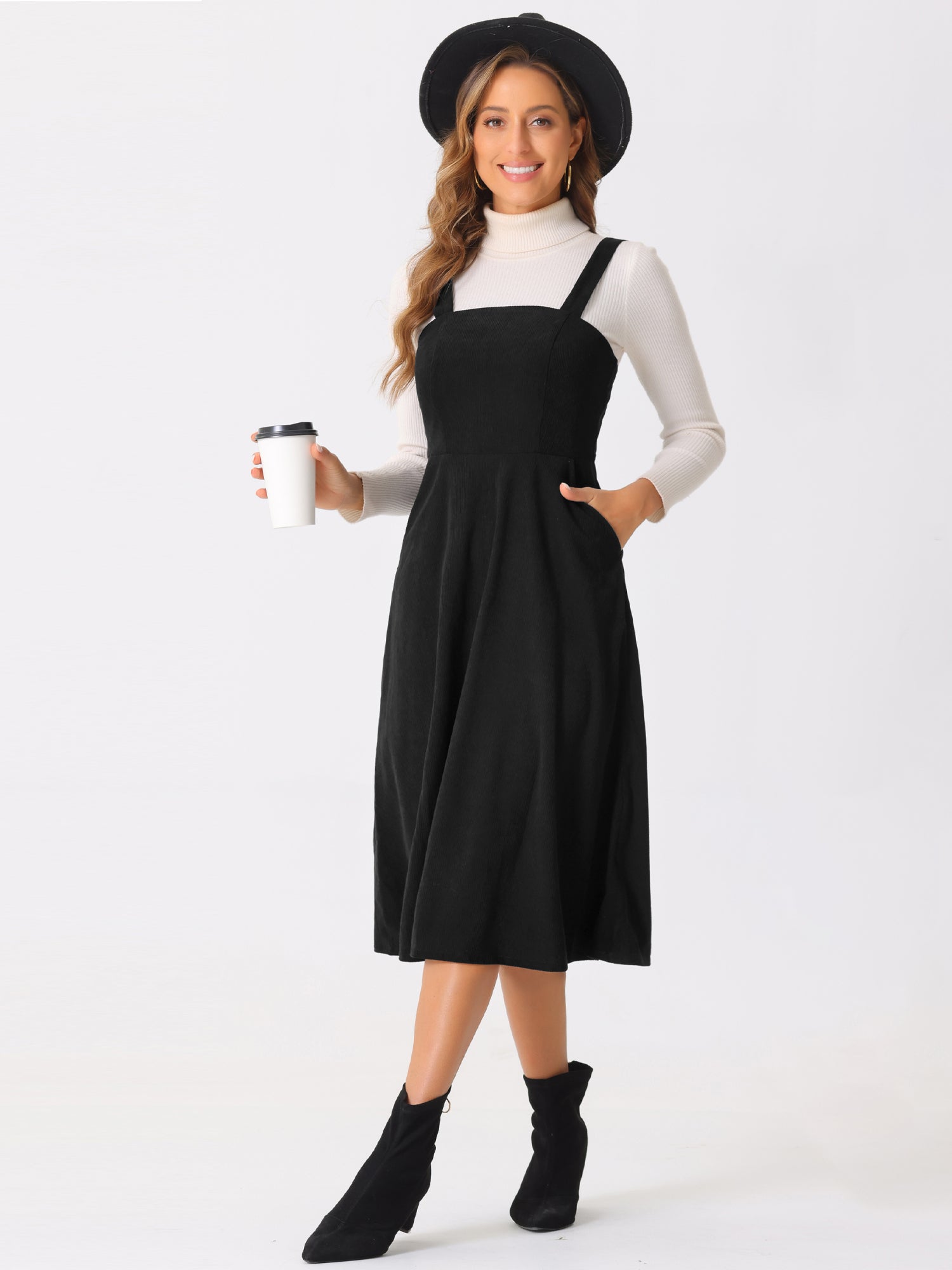 Corduroy Pockets A-Line Sleeveless Casual Midi Pinafore Dress