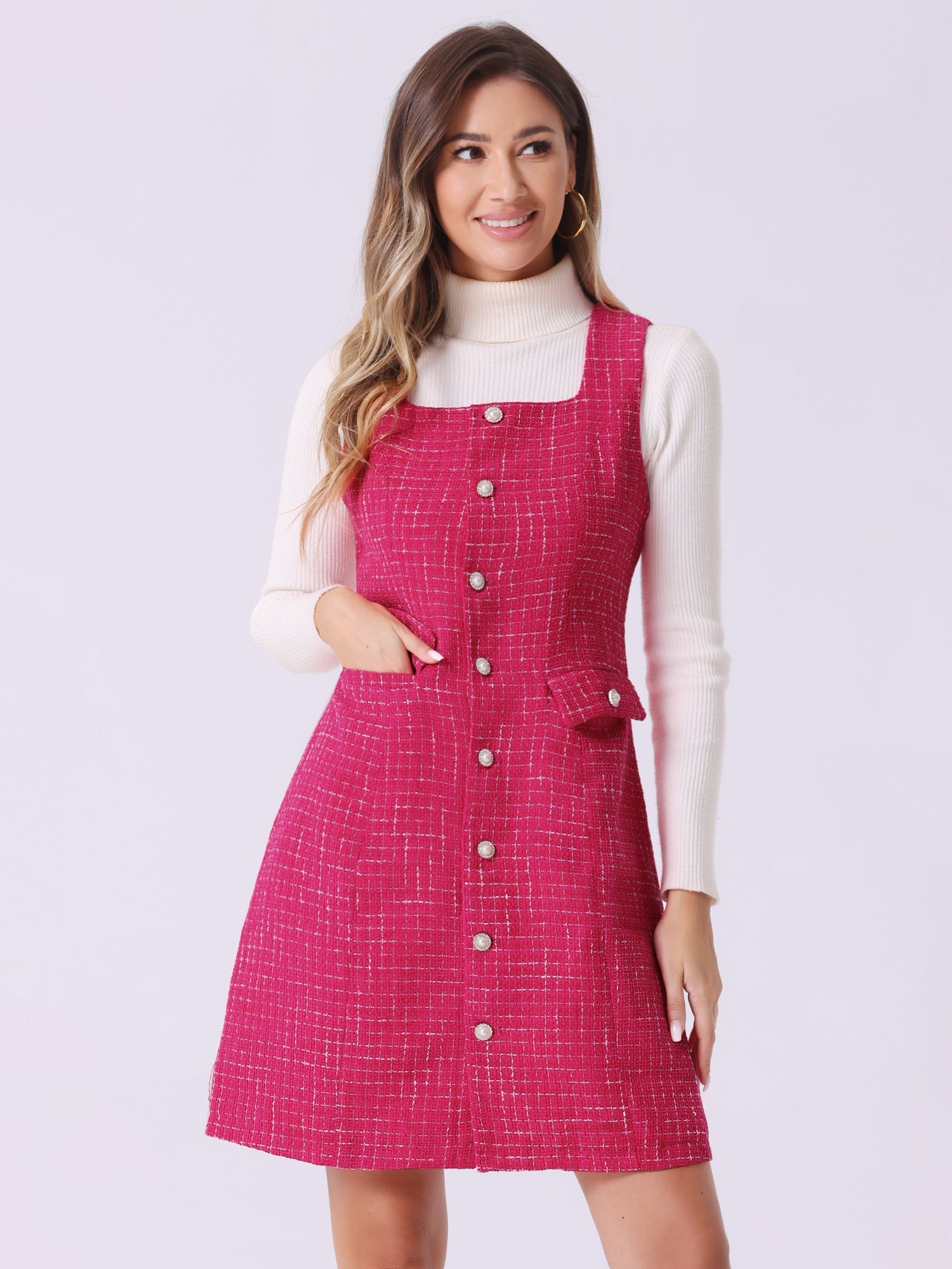 Tweed Sleeveless Button Up Pockets A-Line Pinafore Overall Dress