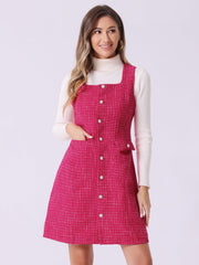 Tweed Sleeveless Button Up Pockets A-Line Pinafore Overall Dress