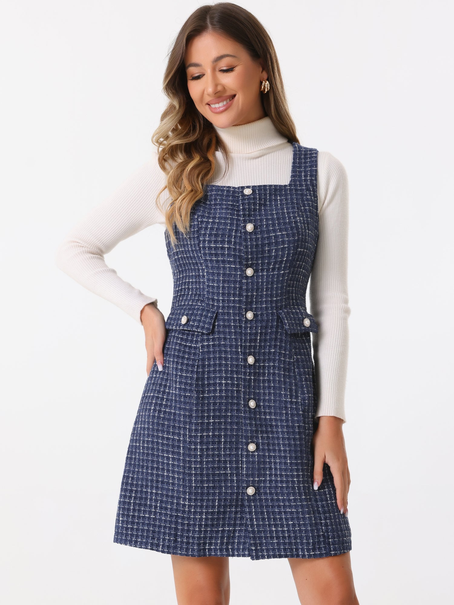 Tweed Sleeveless Button Up Pockets A-Line Pinafore Overall Dress