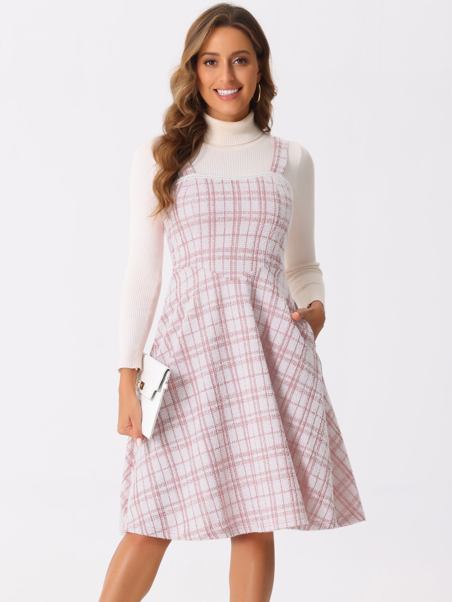 Tweed Plaid Sleeveless Pockets A-Line Pinafore Overall Dress