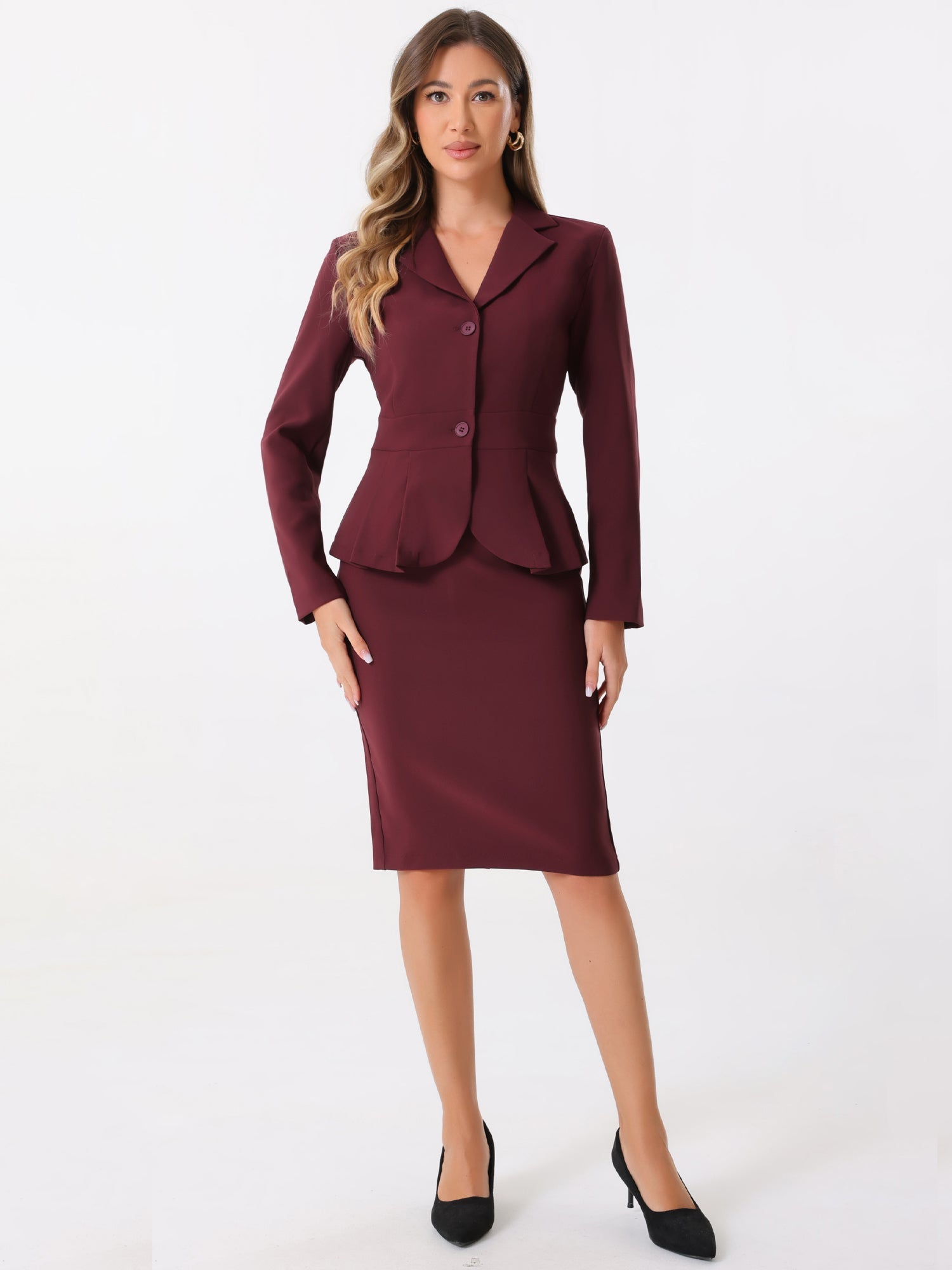 2 Piece Long Sleeve Notched Lapel Peplum Blazer Pencil Skirt Suit Set
