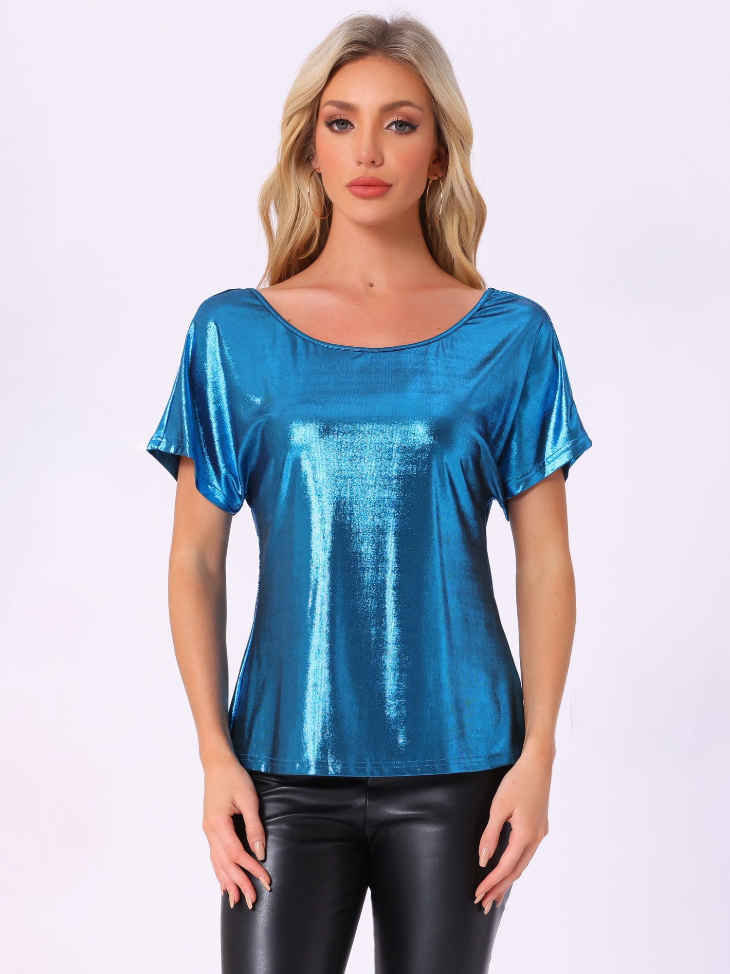 Metallic Off Shoulder Short Sleeve Loose Party Sparkly Blouse