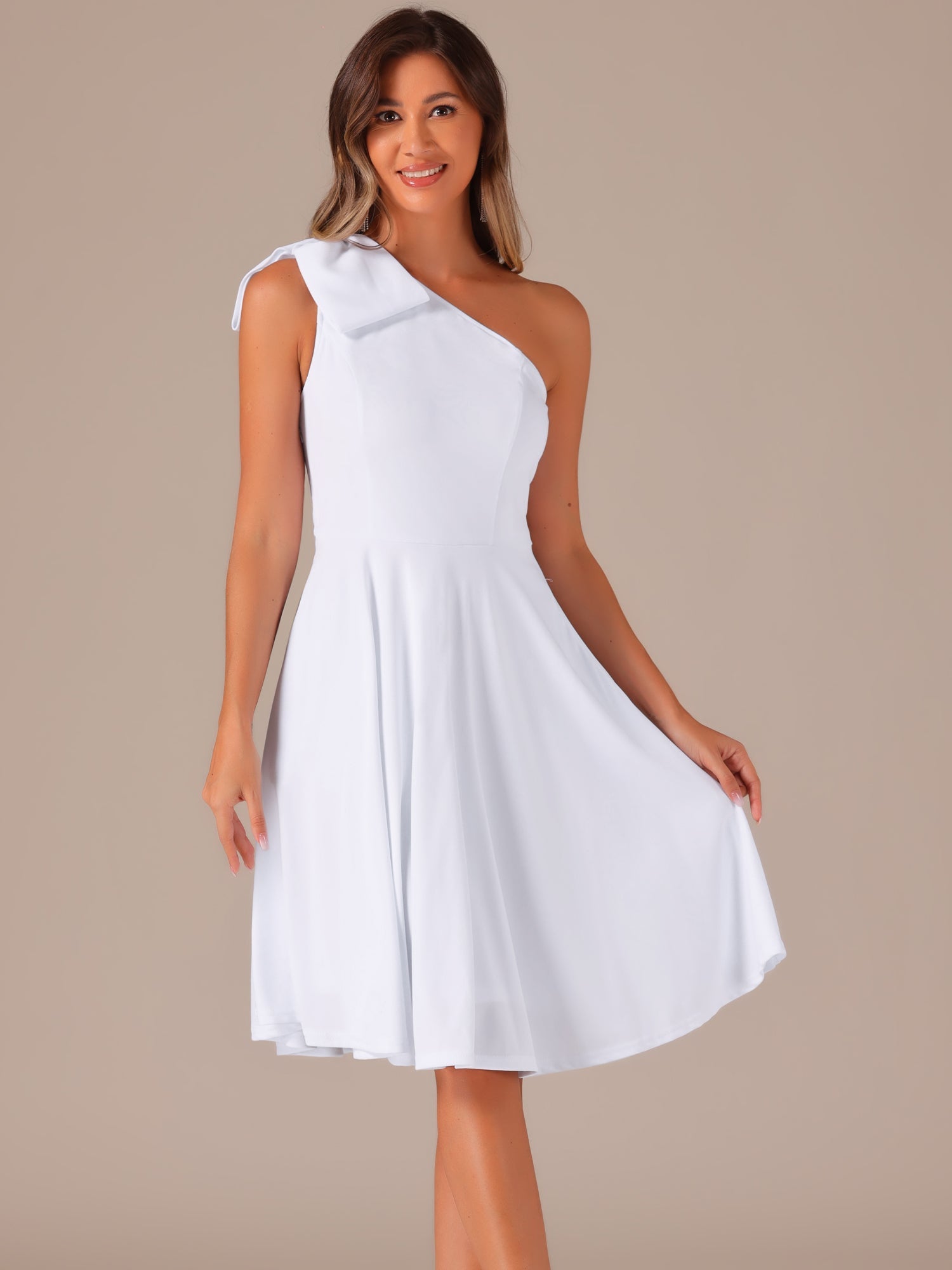 Bow One Shoulder Sleeveless Pockets A-Line Midi Dress