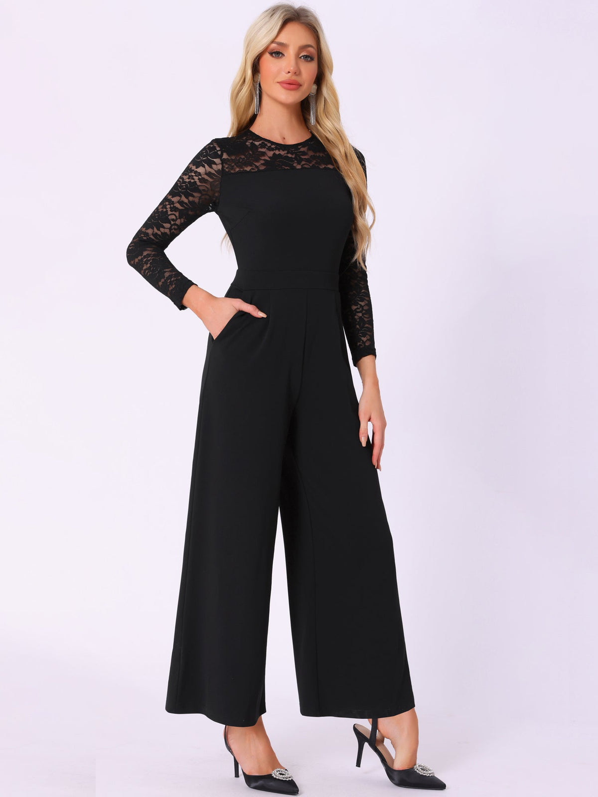 Crew Neck Mesh Lace Sleeve Wide Leg Jumpsuit
