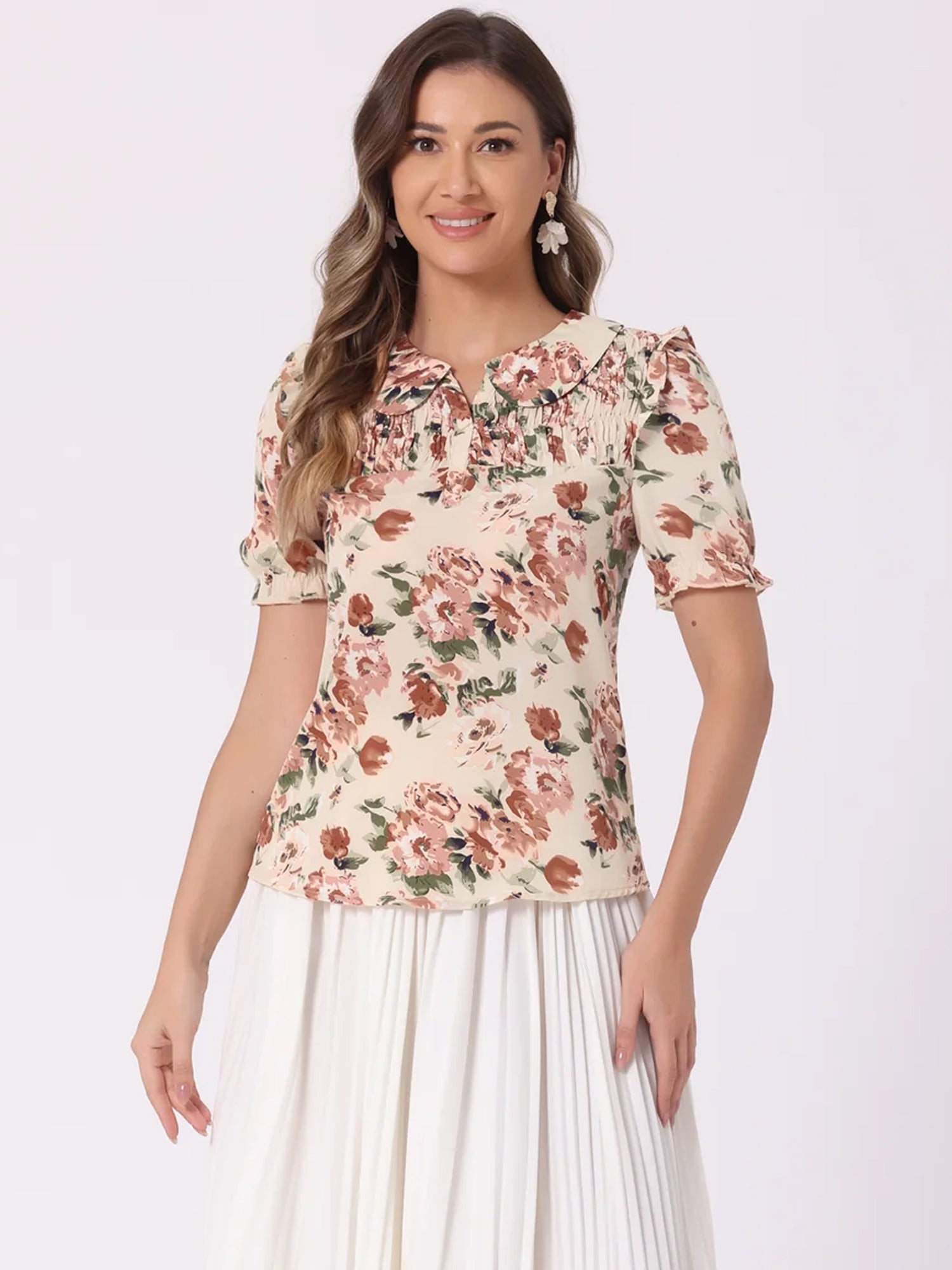 Peter Pan Collar Puff Short Sleeve Ruffle Smocked Floral Blouse