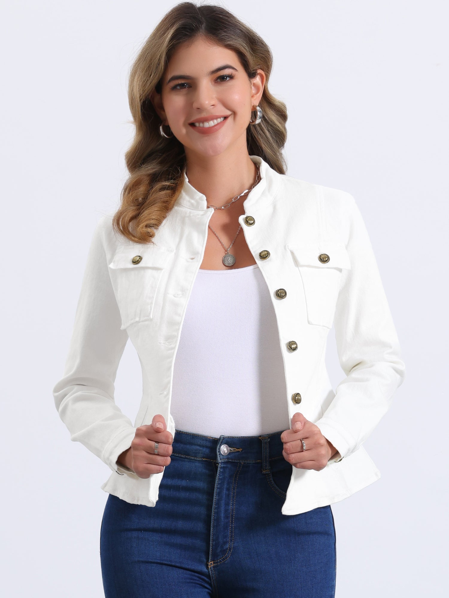 Casual Denim Classic Stand Collar Long Sleeve Jean Jacket