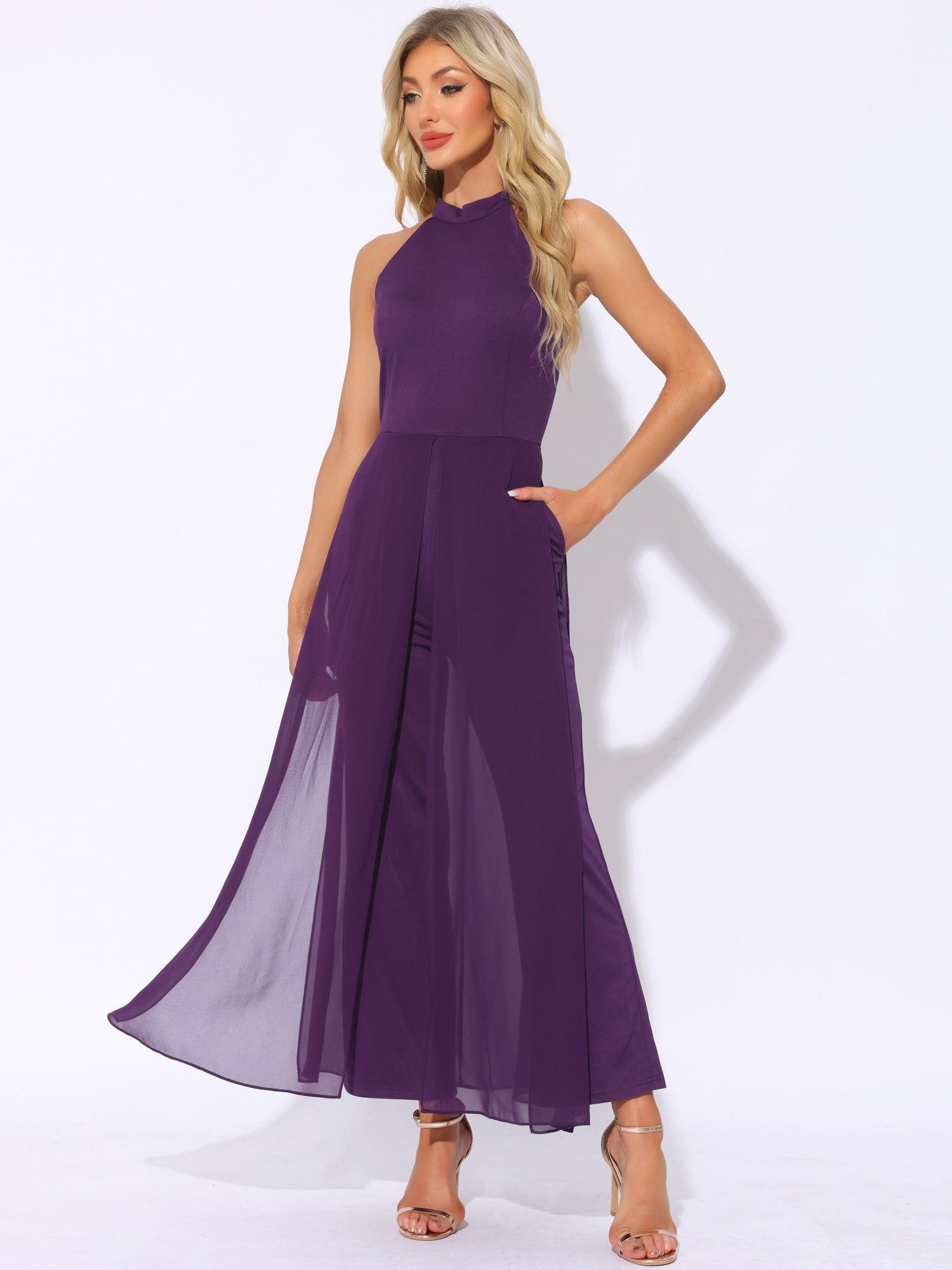 Sleeveless Halter Neck Belted Elegant Wedding Cocktail Dressy Jumpsuits