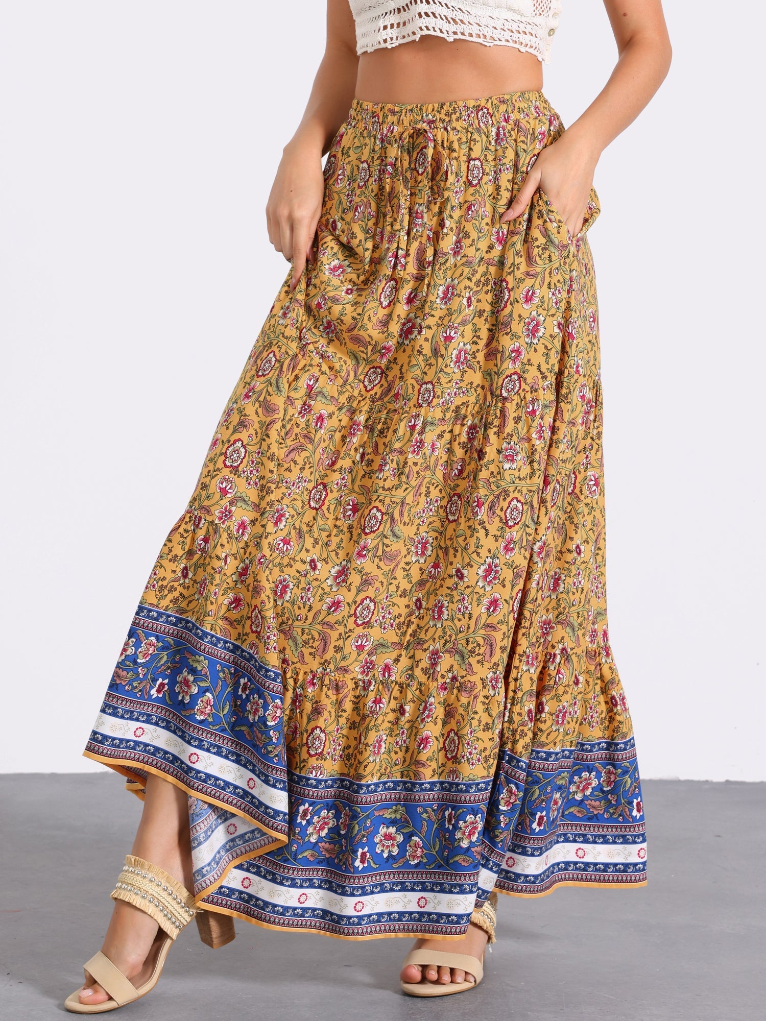 Boho Casual Bohemian Floral Printed Elastic Waist Maxi Skirt
