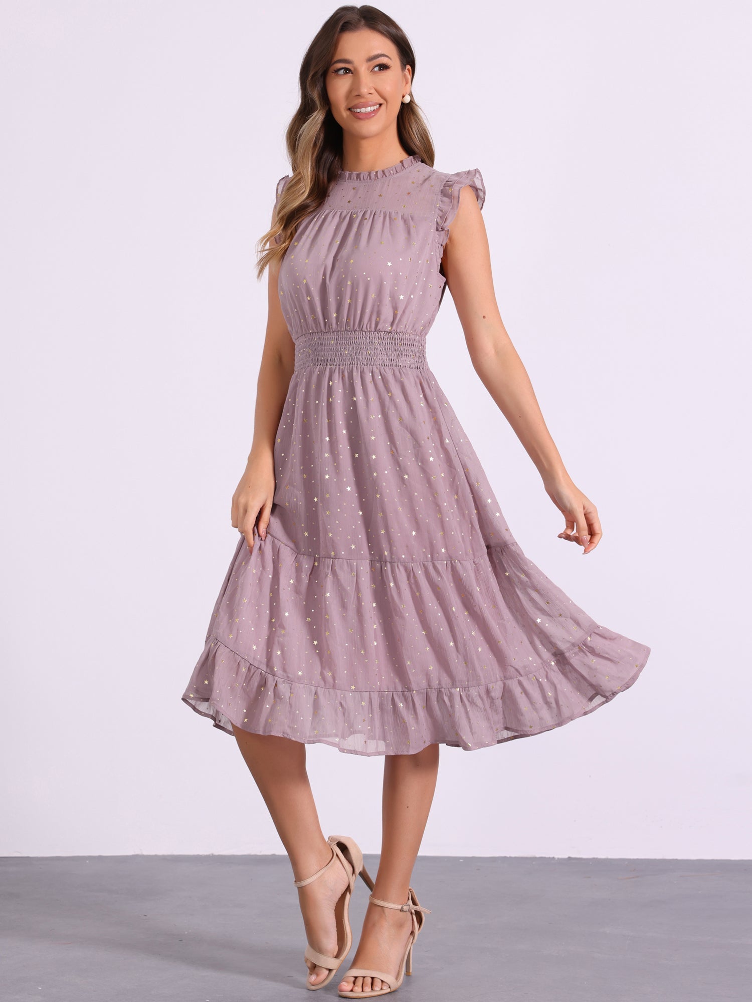 Chiffon Sleeveless Smocked Waist Gilding Metallic Stars Party Dress