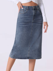 Casual Denim High Waist Stretchy Midi Pencil Jean Skirt