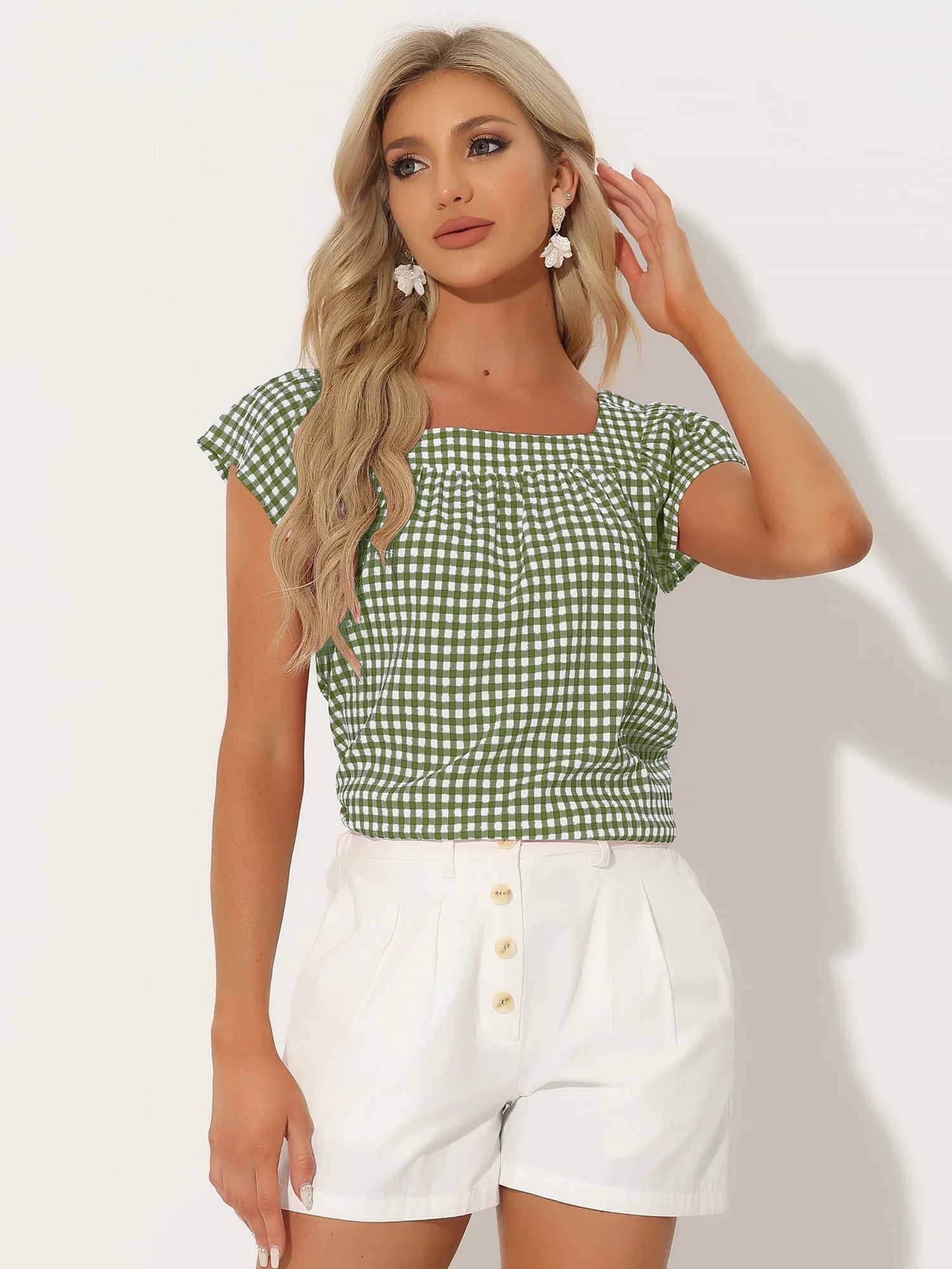 Square Neck Short Sleeves Gingham Plaid Blouse