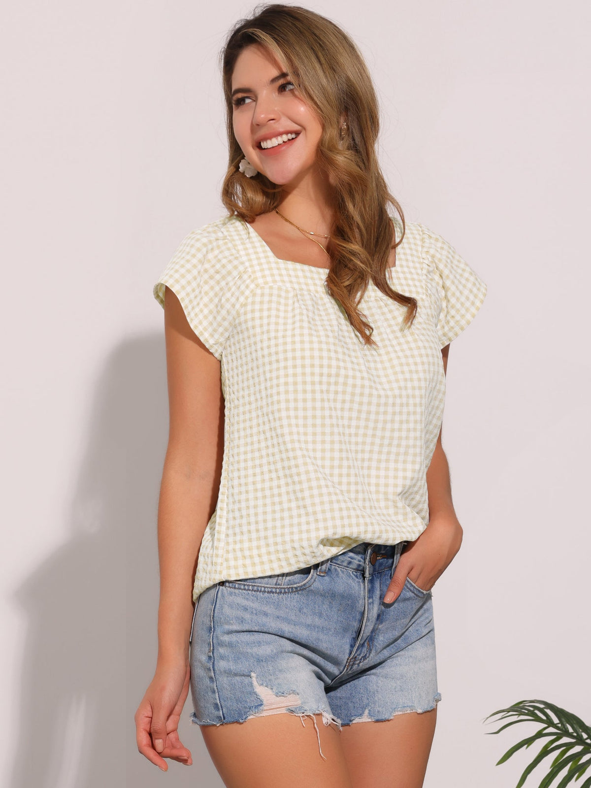 Square Neck Short Sleeves Gingham Plaid Blouse