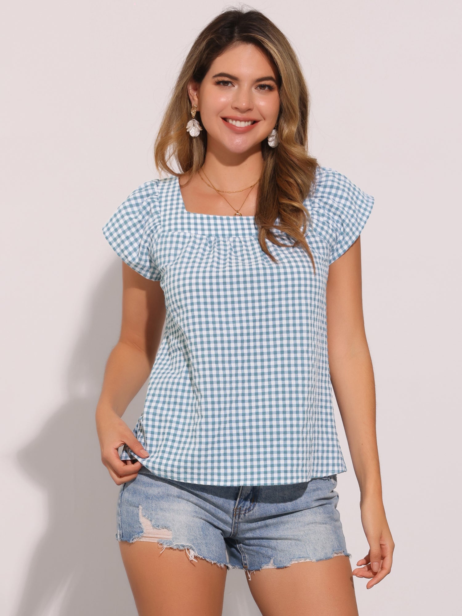 Square Neck Short Sleeves Gingham Plaid Blouse