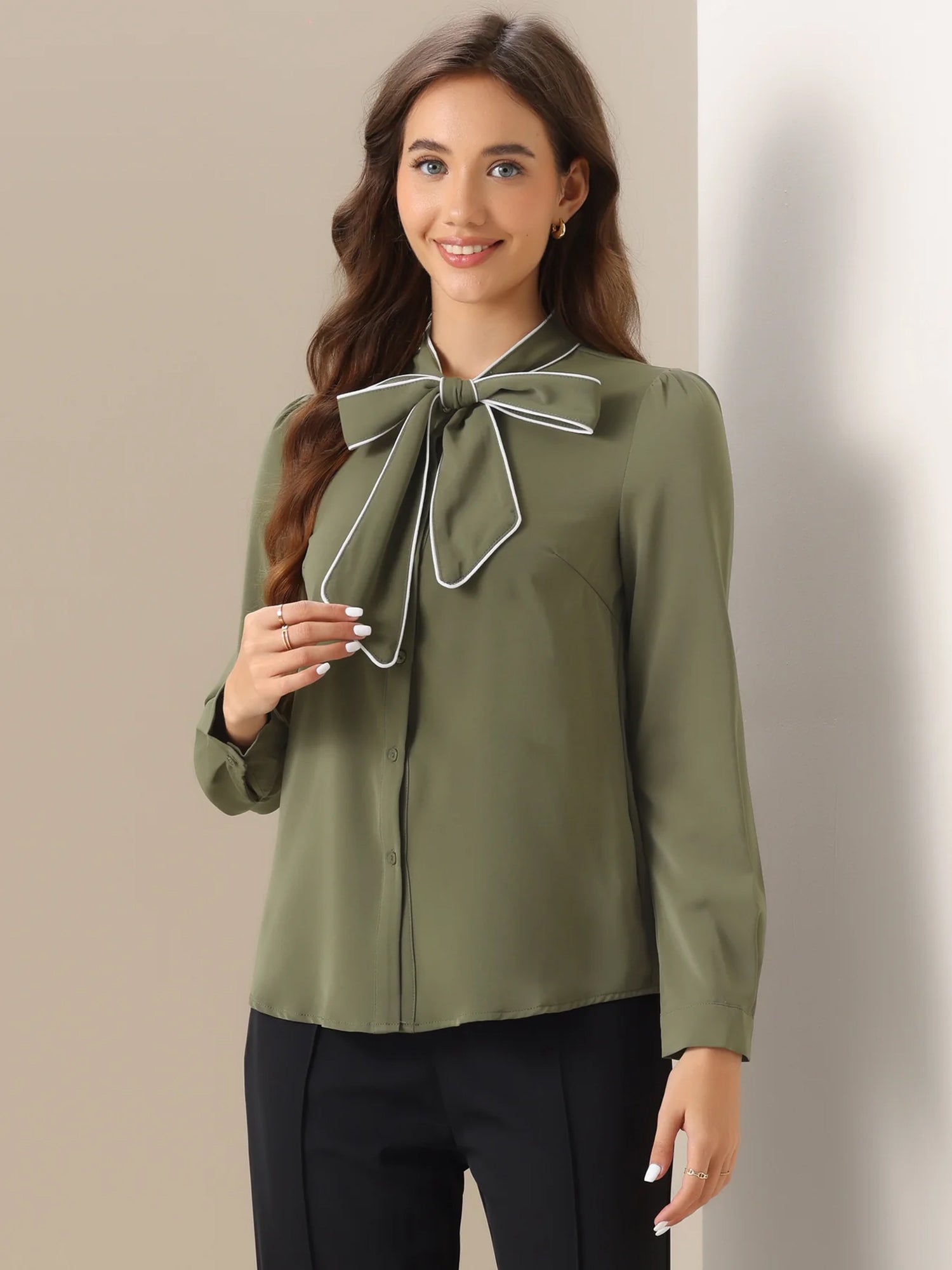 Tie Neck Contrast Color Button Down Long Sleeve Shirt