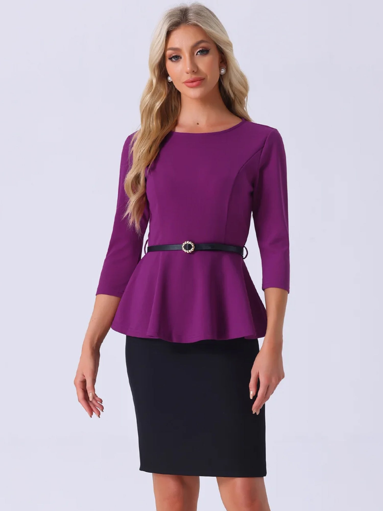 3/4 Sleeve Belted Peplum Elegant Business Work Blouse