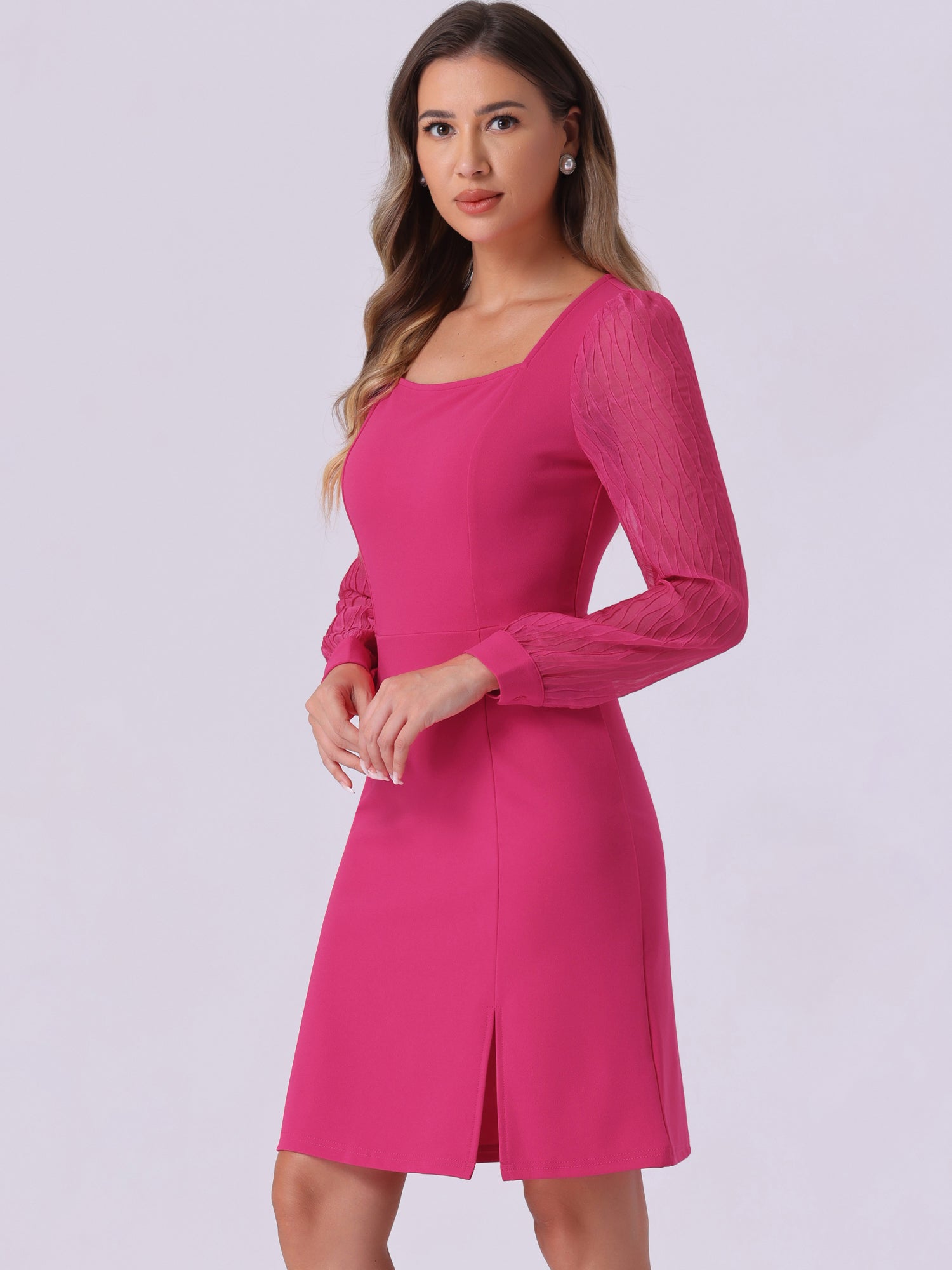 Elegant Mesh Sleeve Split Side A-Line Casual Square Neck Dress