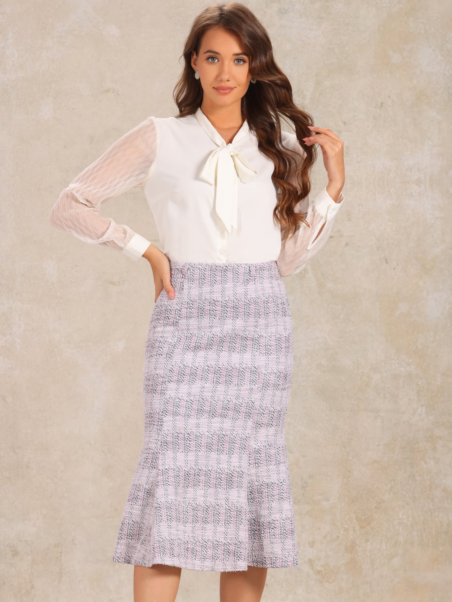 Plaid Belted Fishtail Bodycon Tweed Midi Skirt