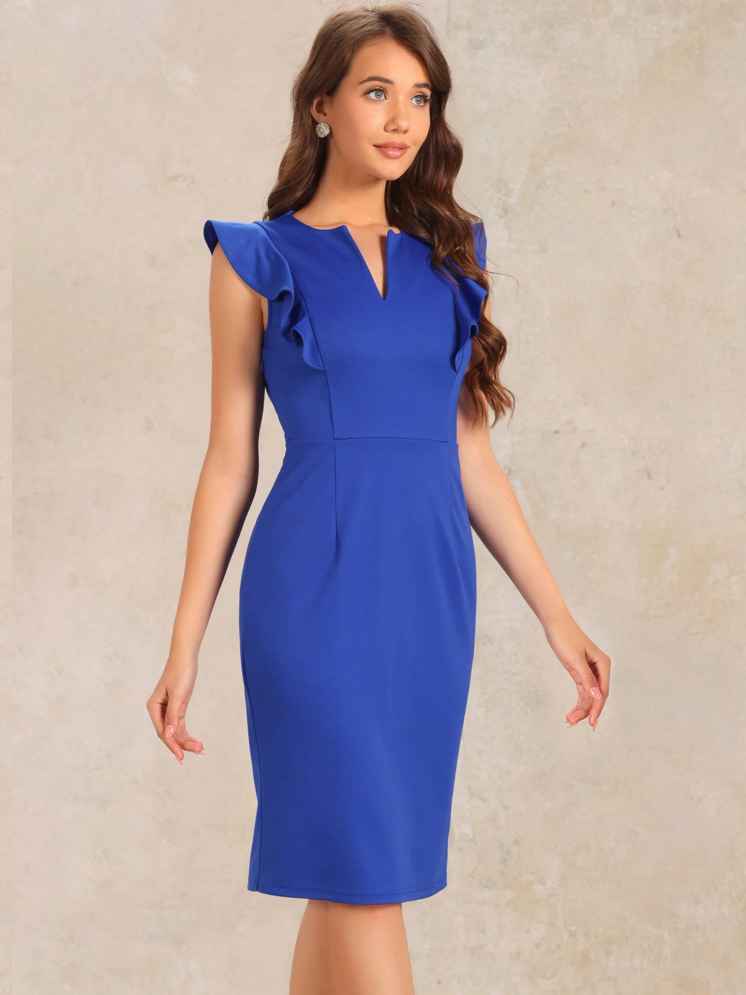 Ruffles V Neck Split Work Pencil Sleeveless Sheath Dress