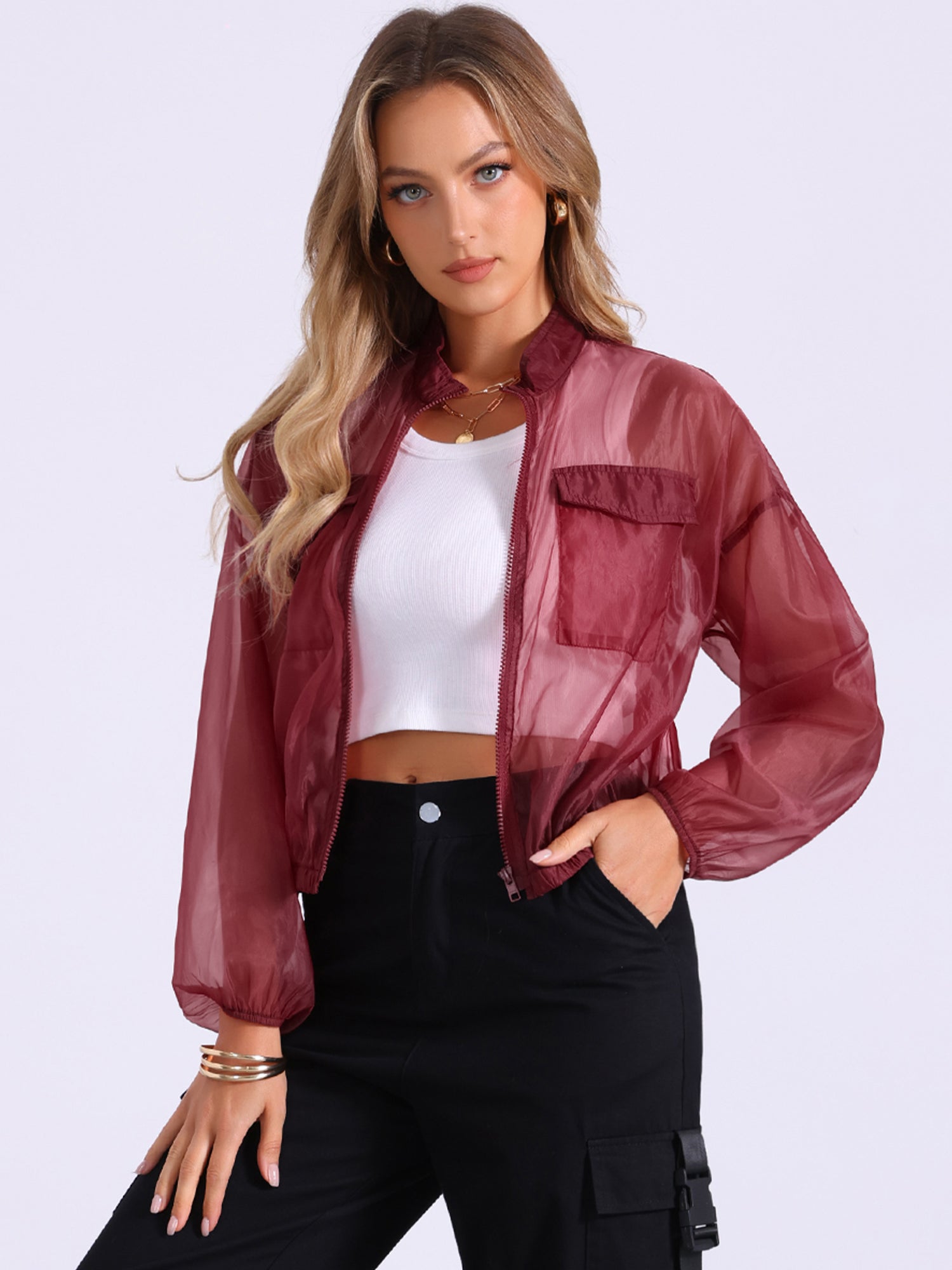 Sheer Zip Up Long Sleeve See Through Bomber Jacket