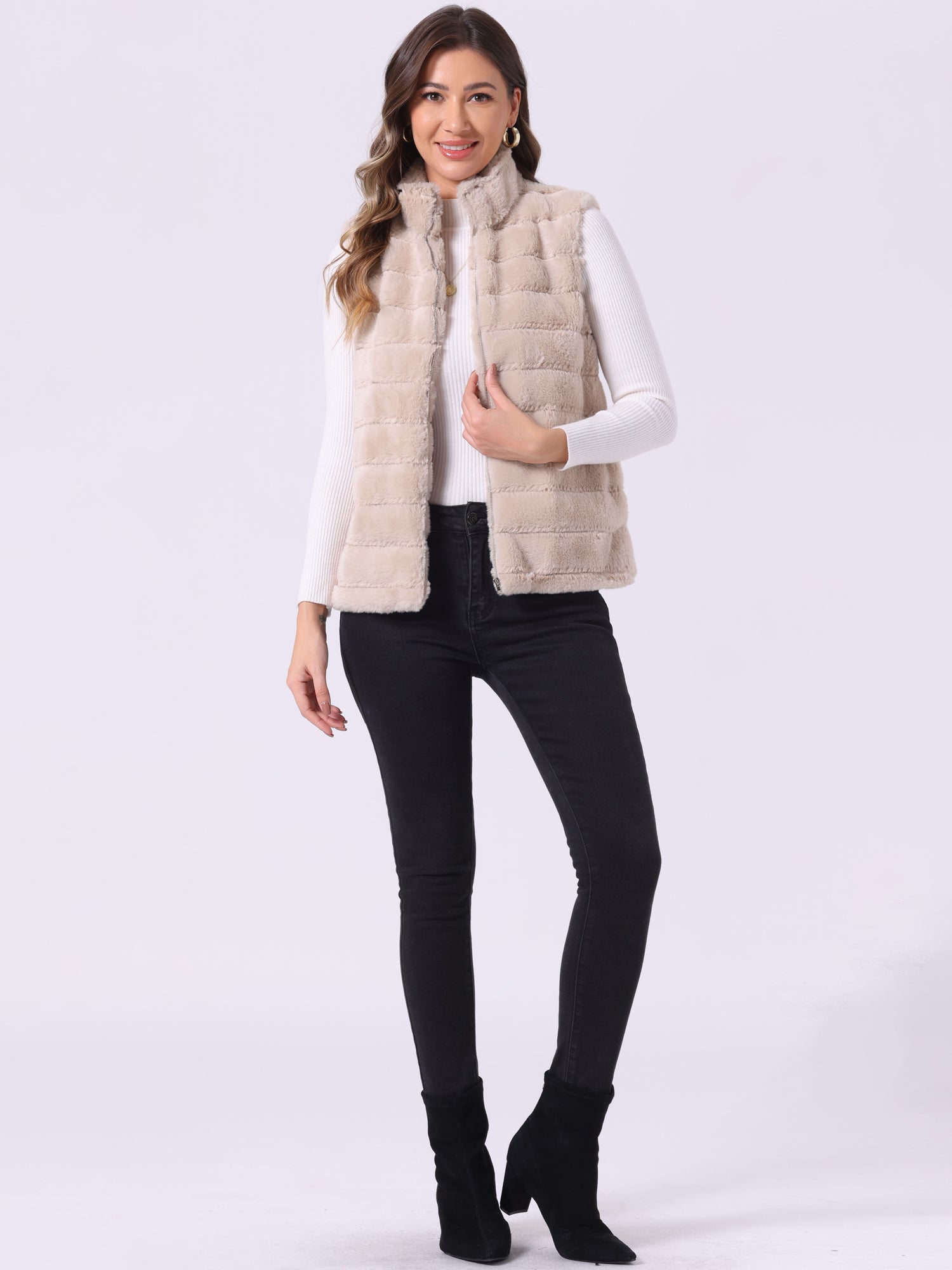 Fluffy Vest Jacket Stand Collar Sleeveless Faux Fur Coat