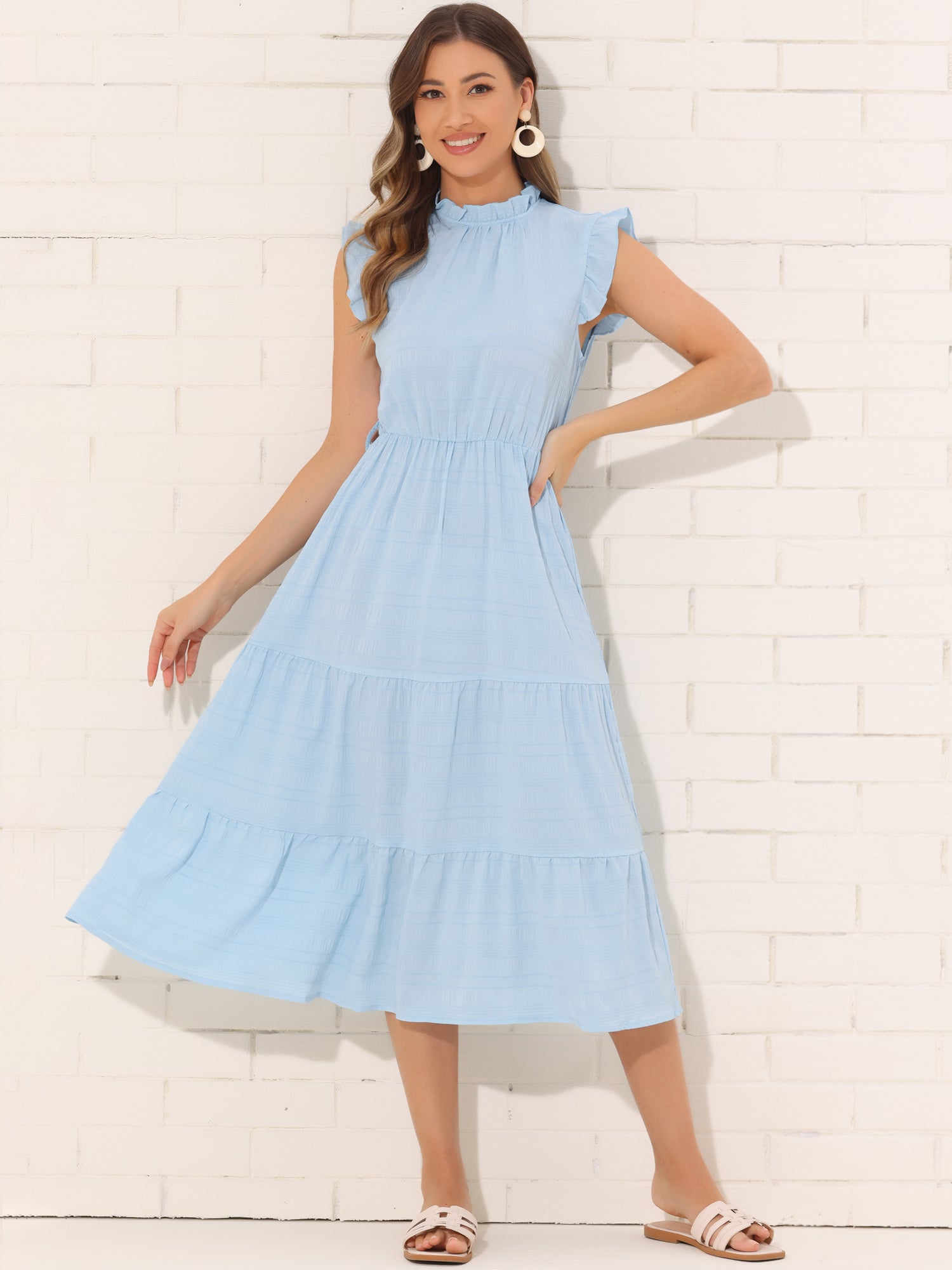 Mock Neck Ruffled Textured Cap Sleeve Tiered Midi Dress