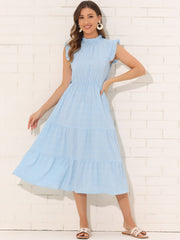 Mock Neck Ruffled Textured Cap Sleeve Tiered Midi Dress