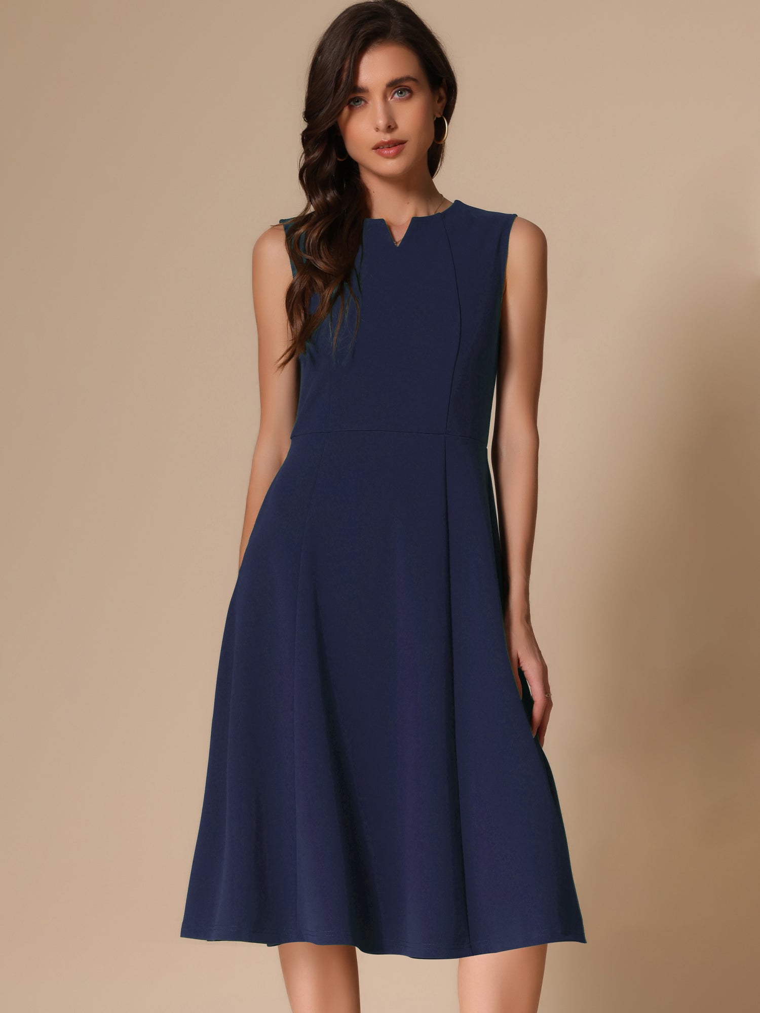 Notch Neck Pocketed Work Office A-Line Midi Dress