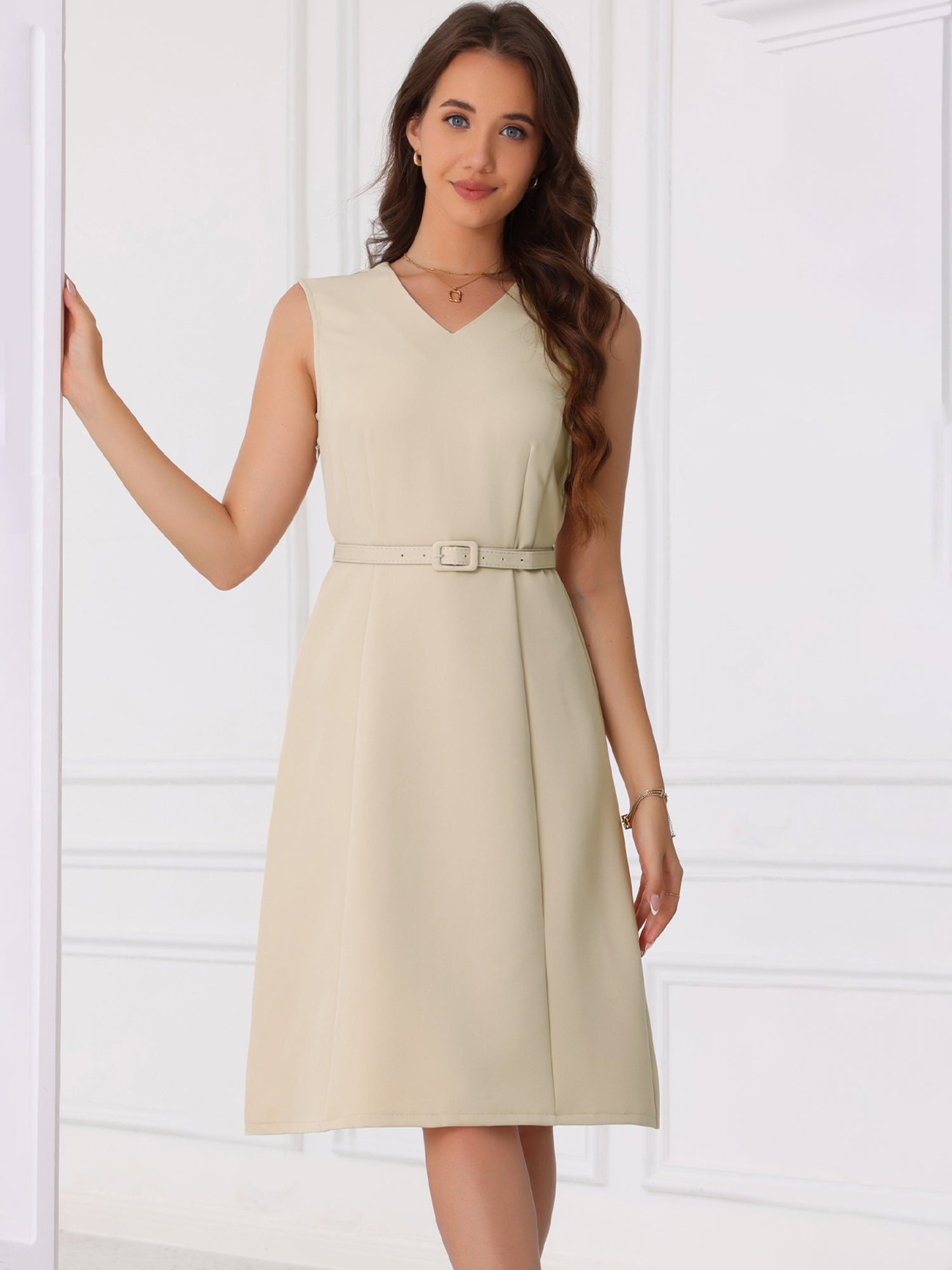 V Neck Sleeveless Belted A-Line Midi Work Dress
