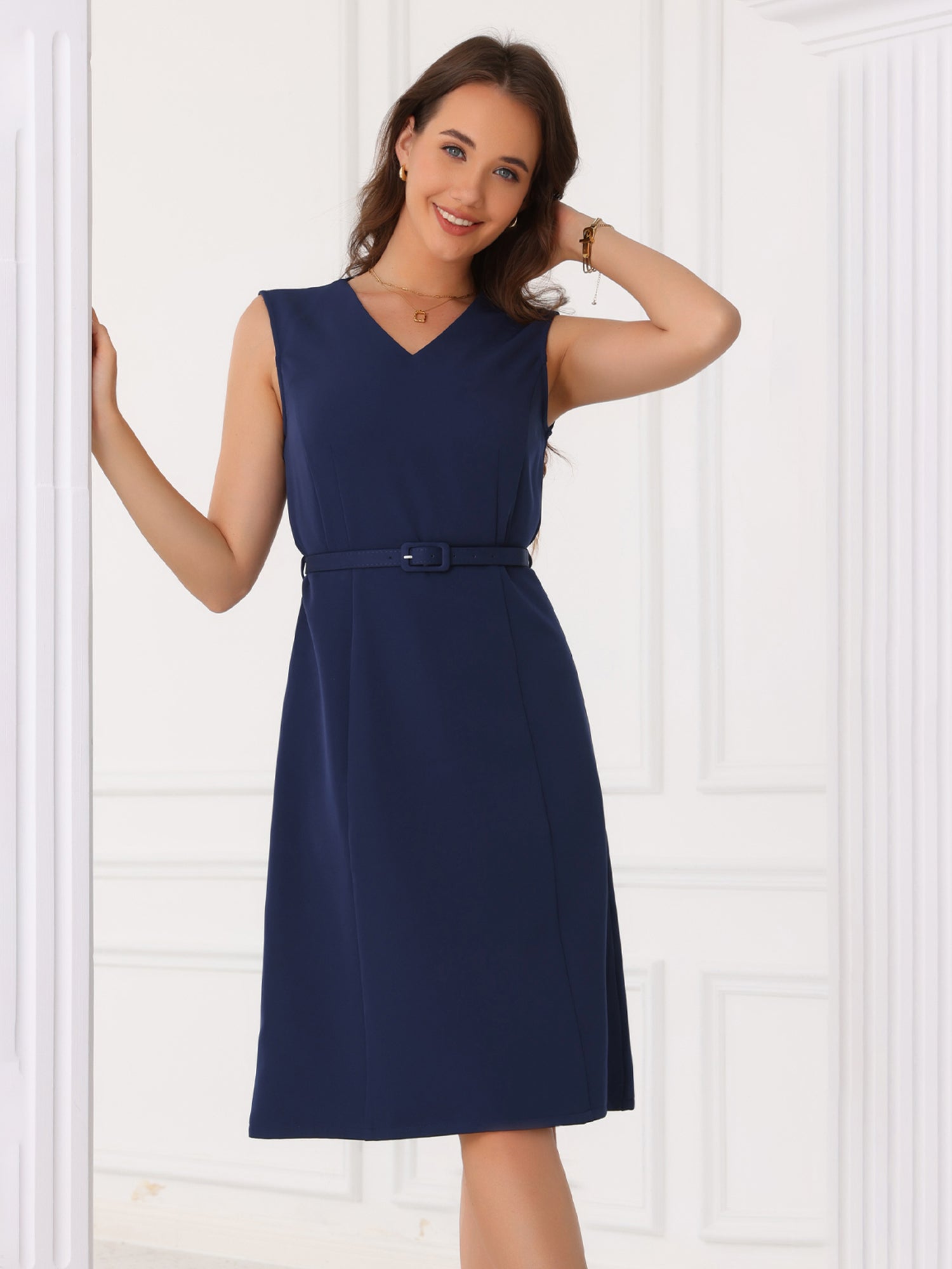 V Neck Sleeveless Belted A-Line Midi Work Dress