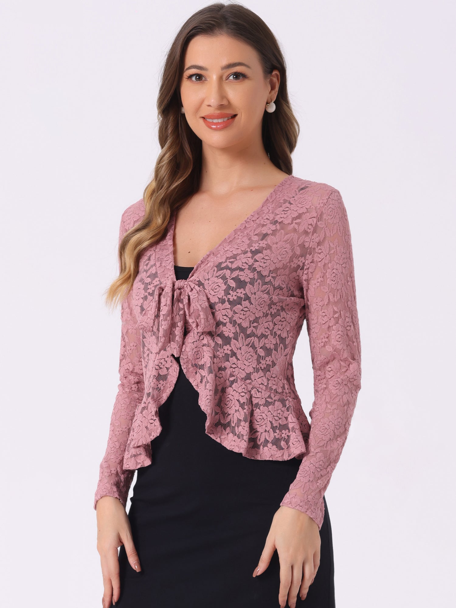 Floral Lace Shrug Tie Front Ruffled Hem Sheer Crop Bolero