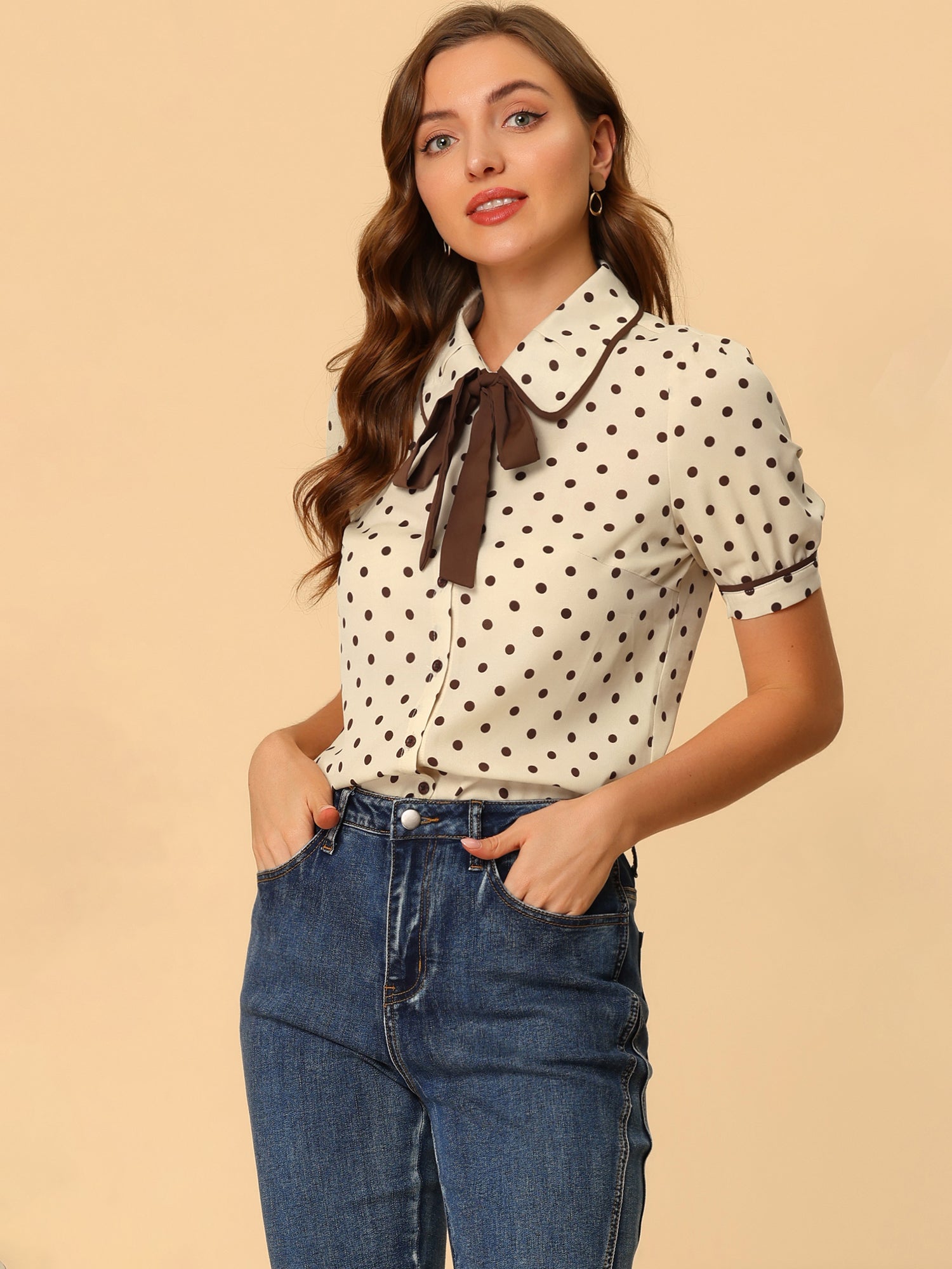 Polka Dot Peter Pan Collar Bow Tie Neck Puff Sleeve Vintage Shirt