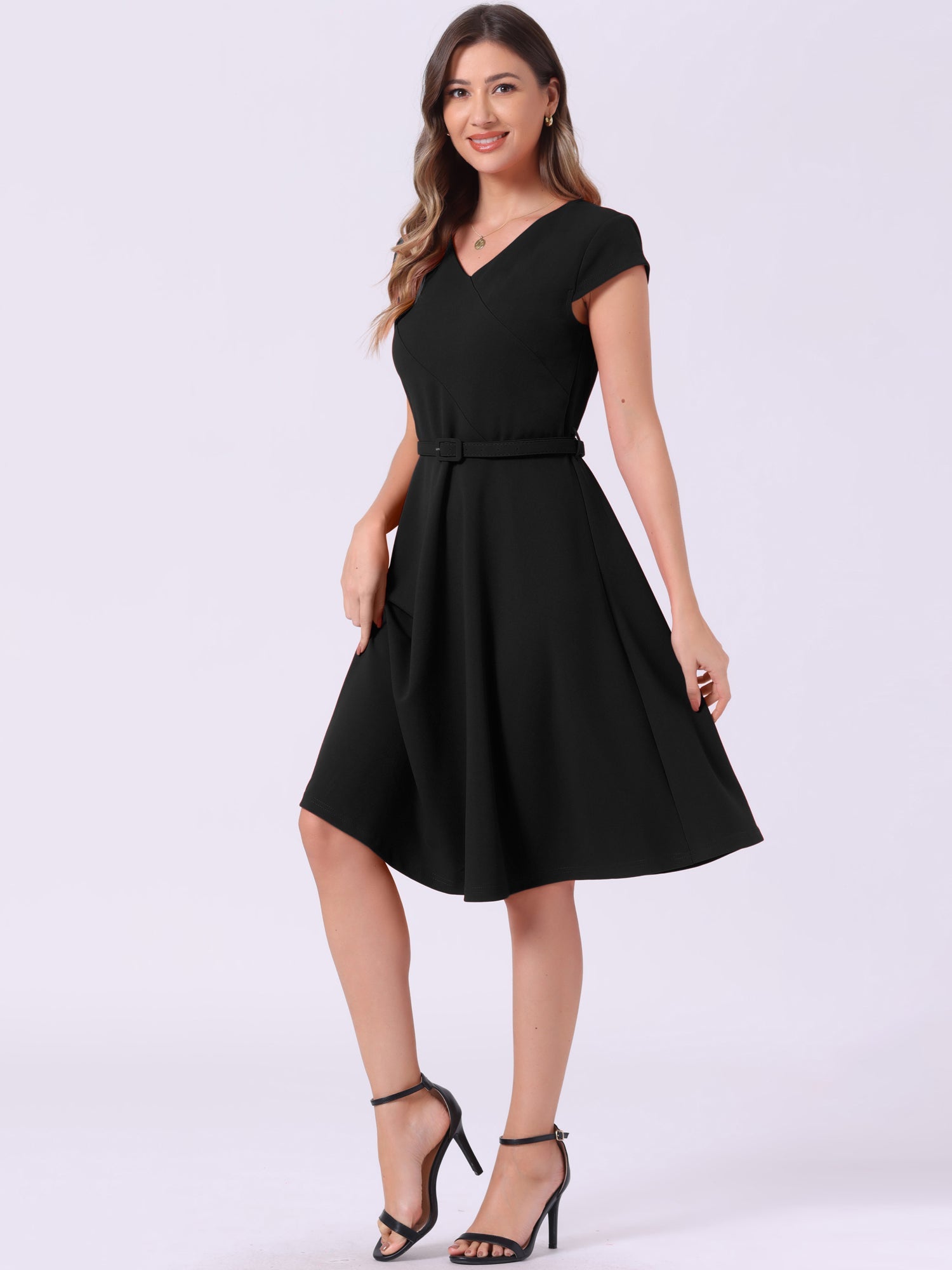 Belted V Neck Cap Sleeve Flowy A-line Midi Dress