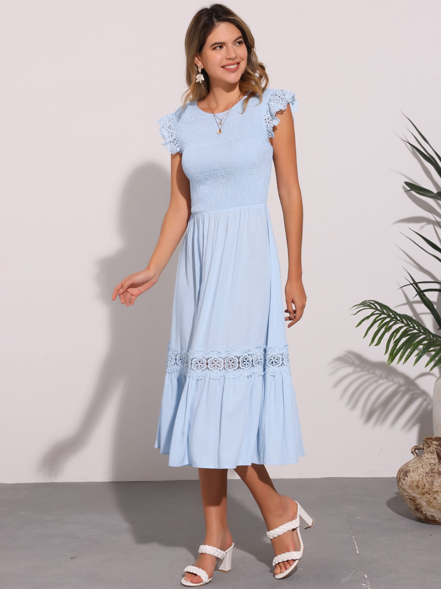 Cap Sleeve Lace Trim Smocked Ruffle Flowy Beach Dress