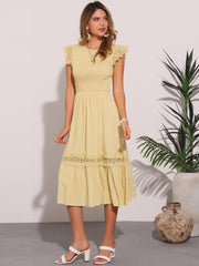 Cap Sleeve Lace Trim Smocked Ruffle Flowy Beach Dress