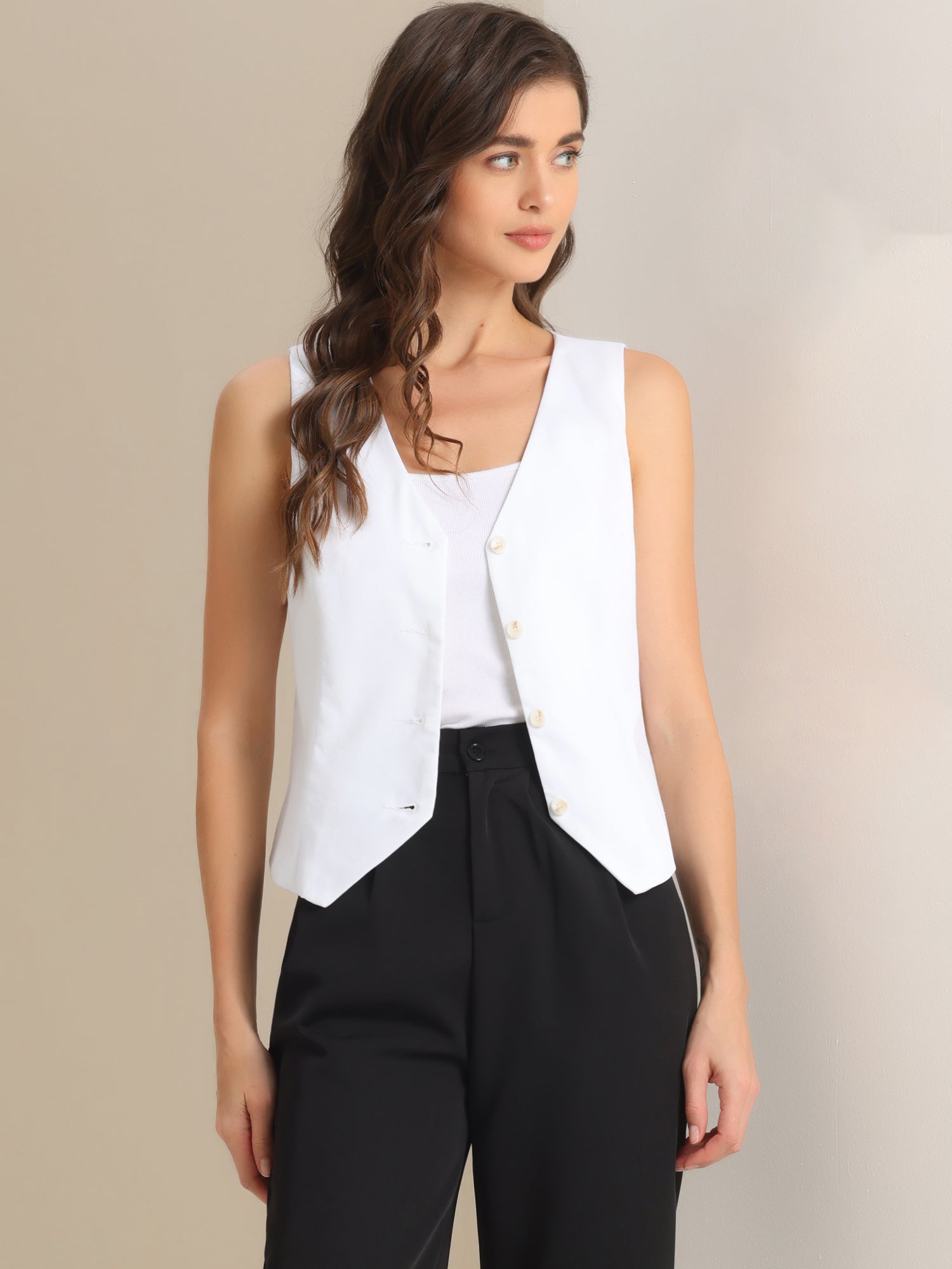 Sleeveless Solid Button Down V Neck Waistcoat Vest