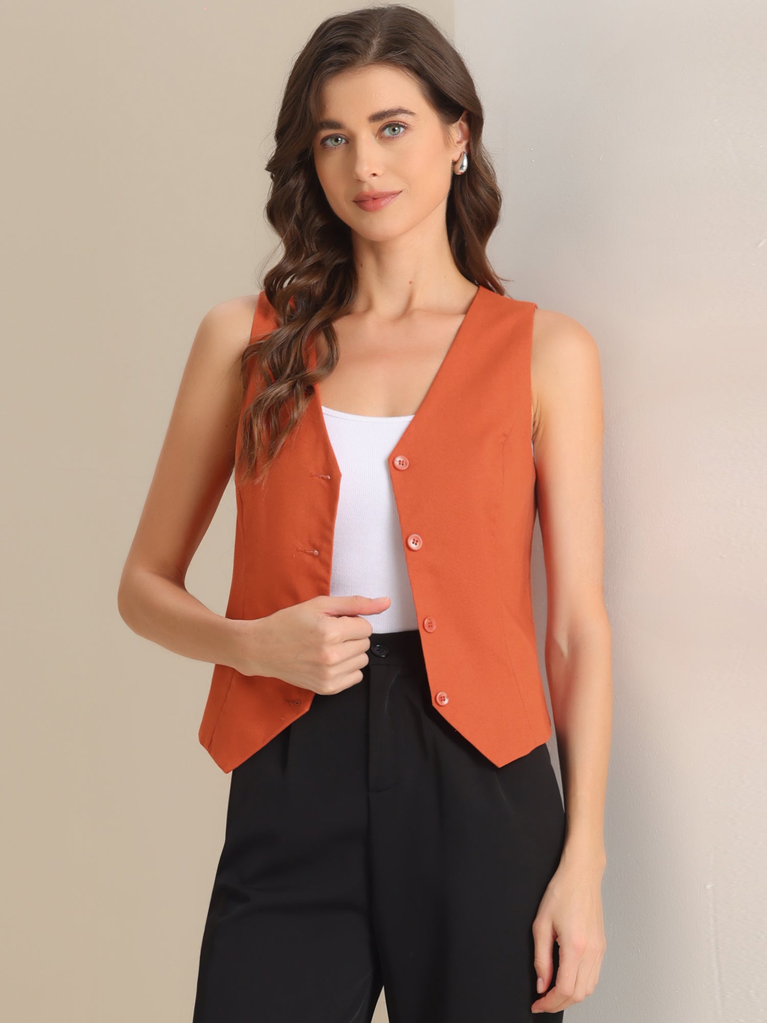 Sleeveless Solid Button Down V Neck Waistcoat Vest