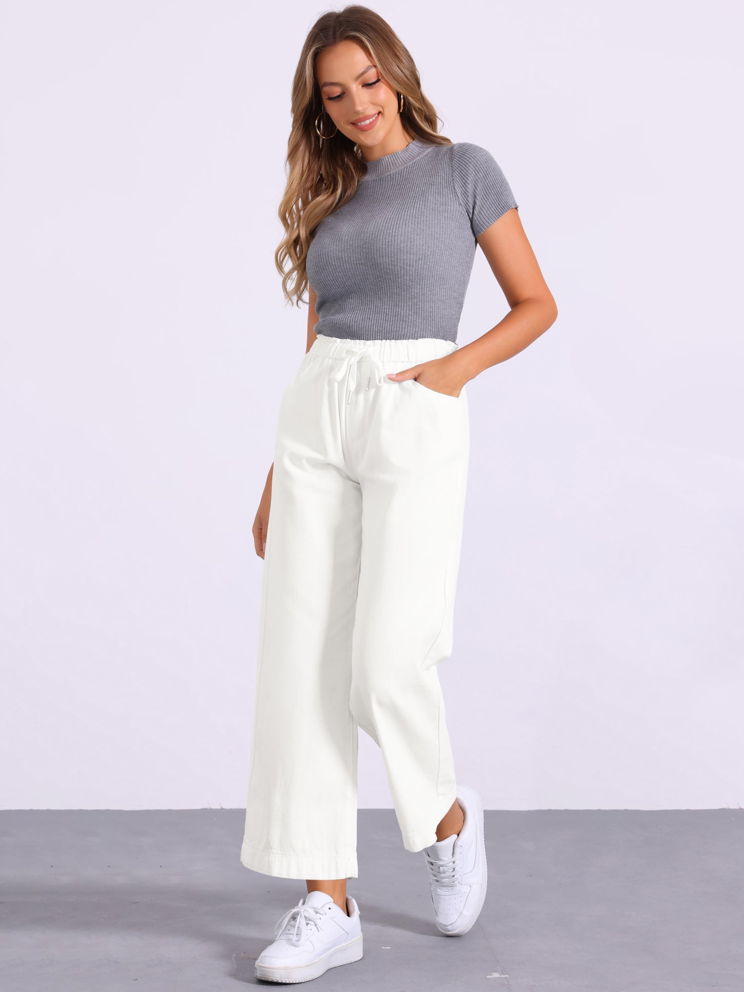 Casual Denim Pants Drawstring Elastic Waist Wide Legs Jeans