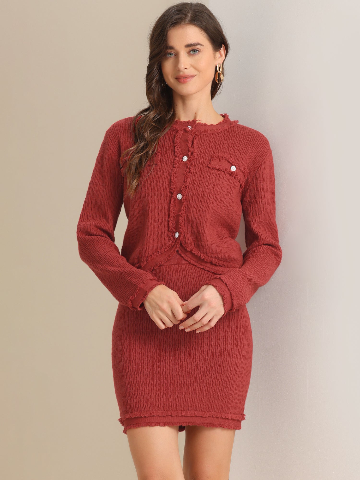 2 Pieces Stretch Textured Knit Cropped Jacket and Mini Skirt Suit Sets