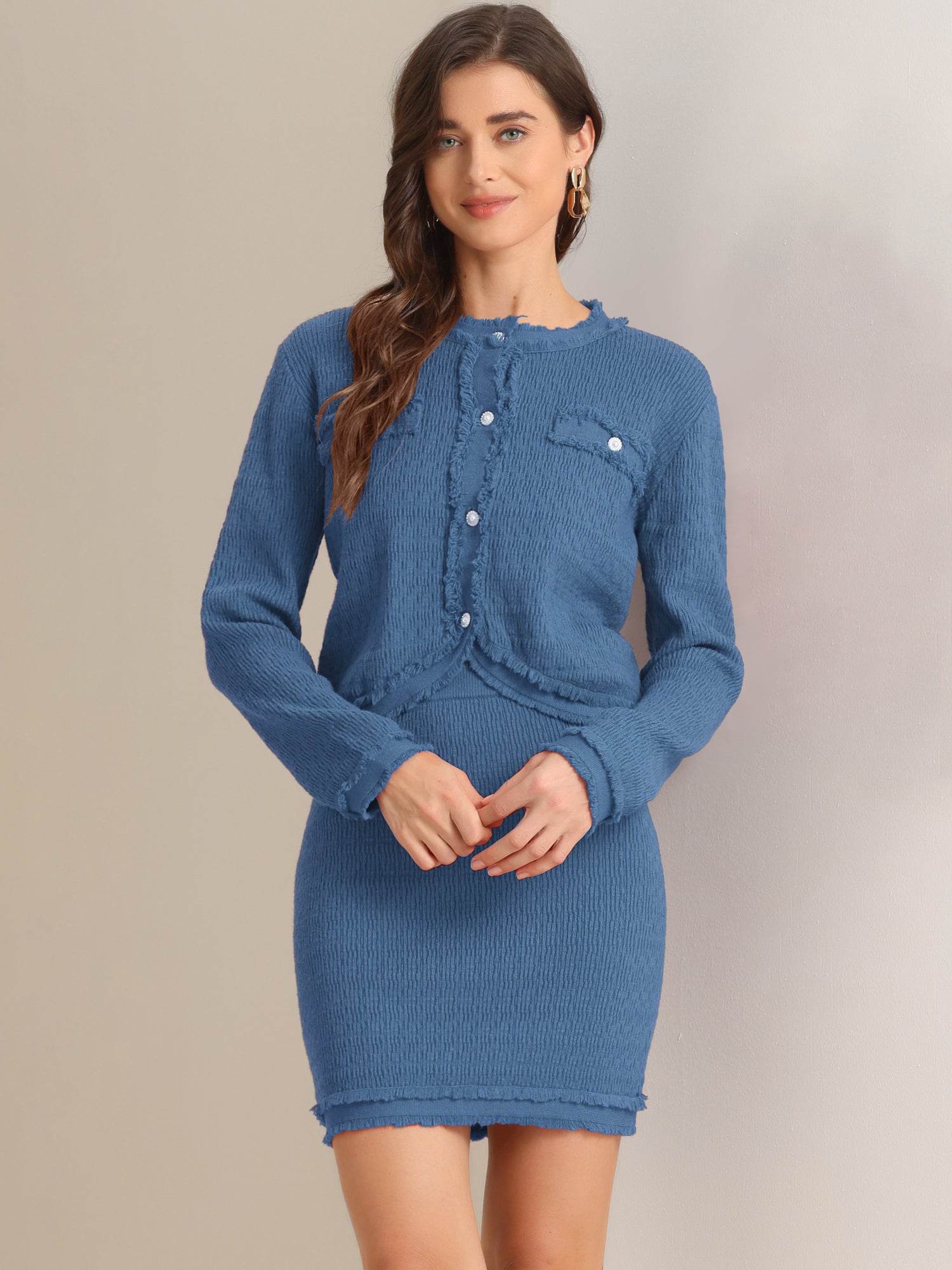 2 Pieces Stretch Textured Knit Cropped Jacket and Mini Skirt Suit Sets
