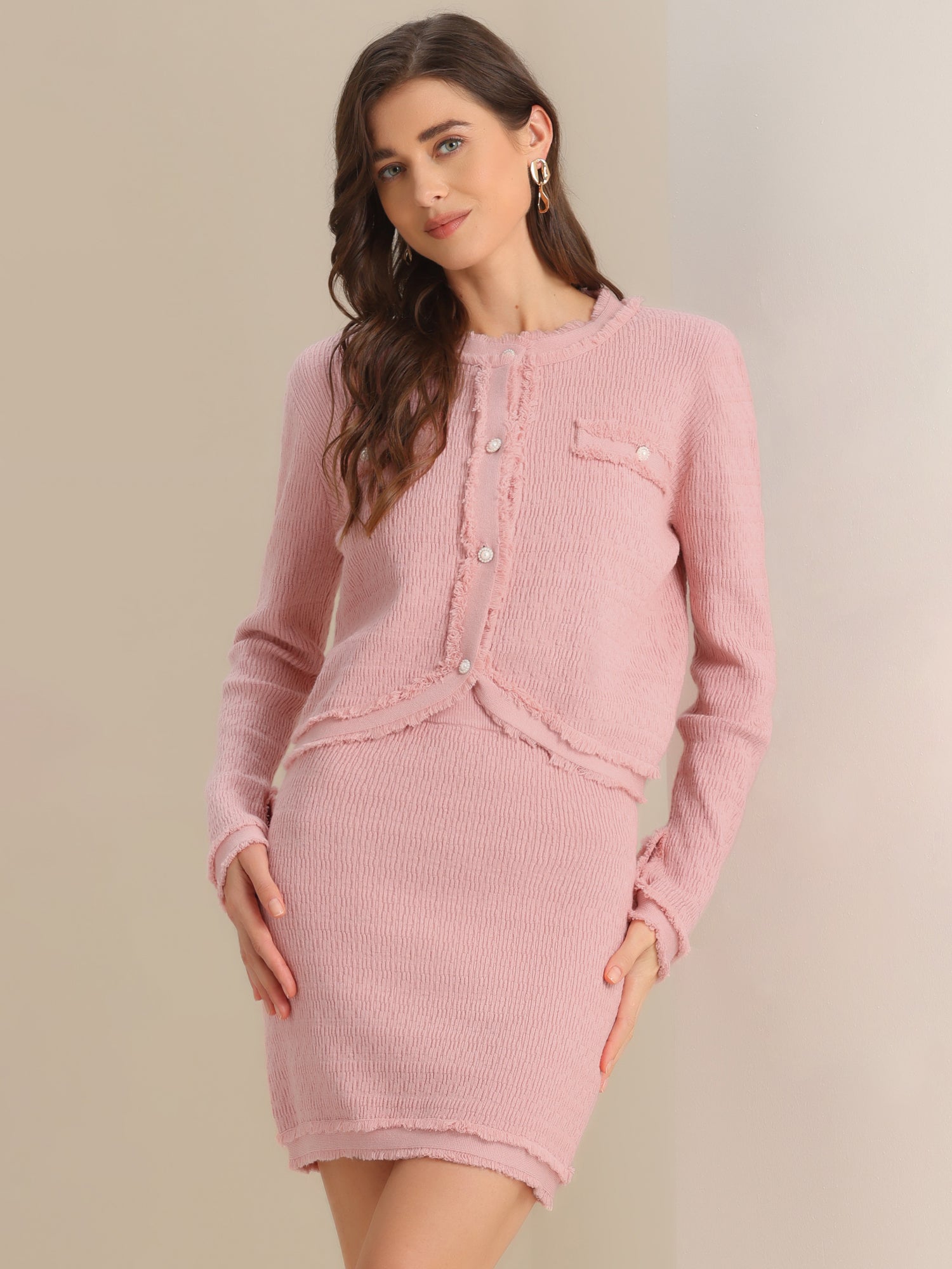 2 Pieces Stretch Textured Knit Cropped Jacket and Mini Skirt Suit Sets