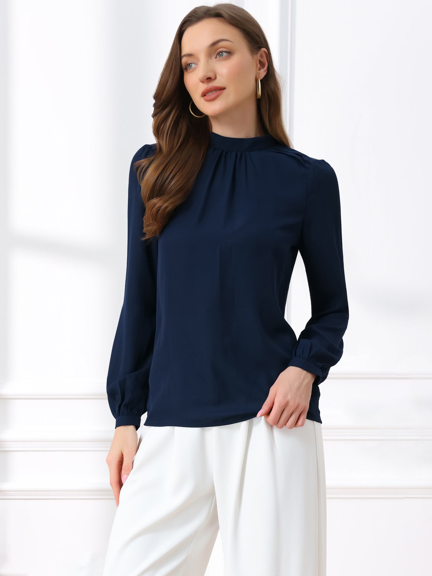 Chiffon Shirt Work Office Mock Neck Long Sleeve Blouse