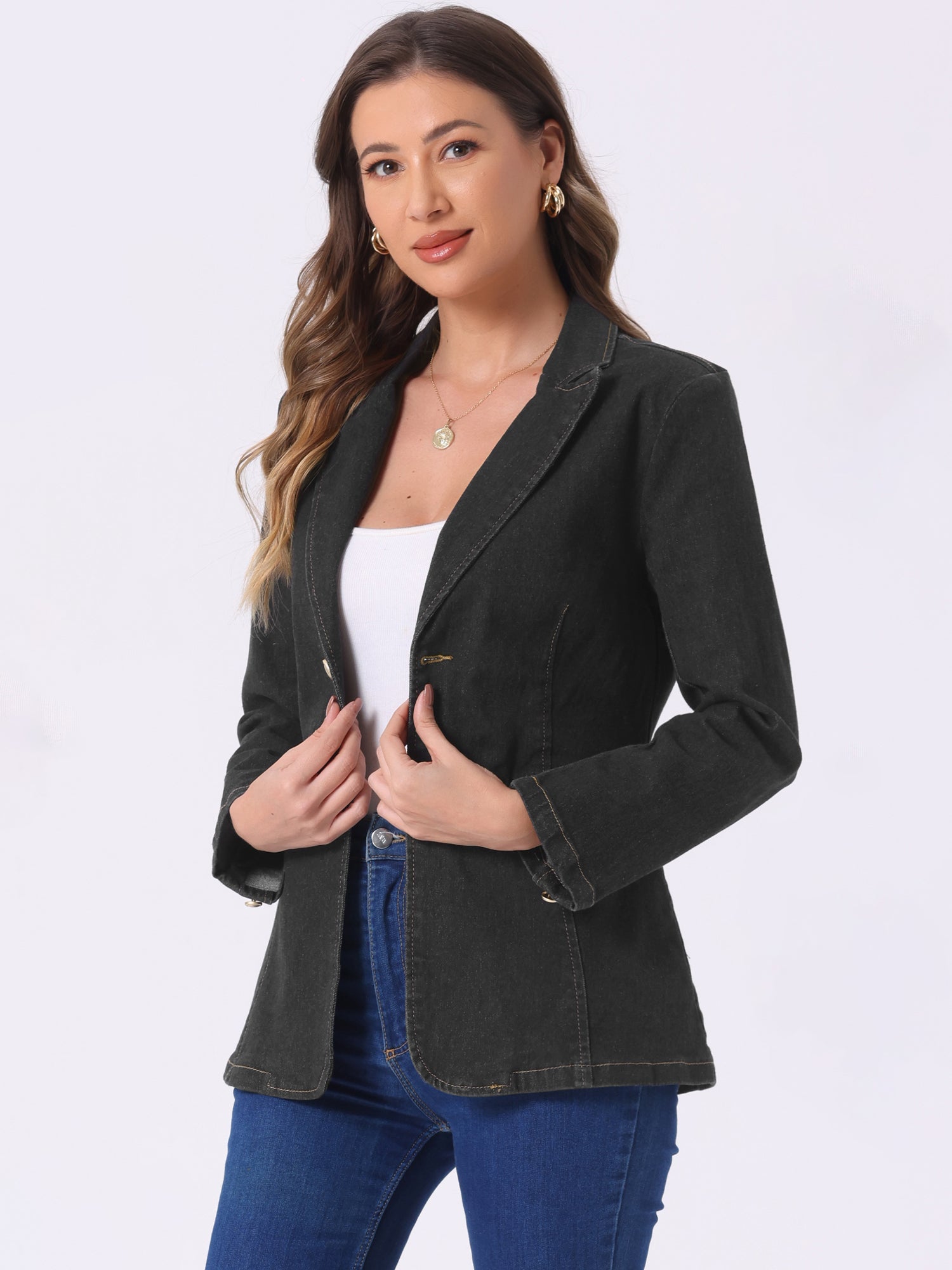 Notched Lapel Denim Single Breasted Shoulder Pad Blazer Jackets