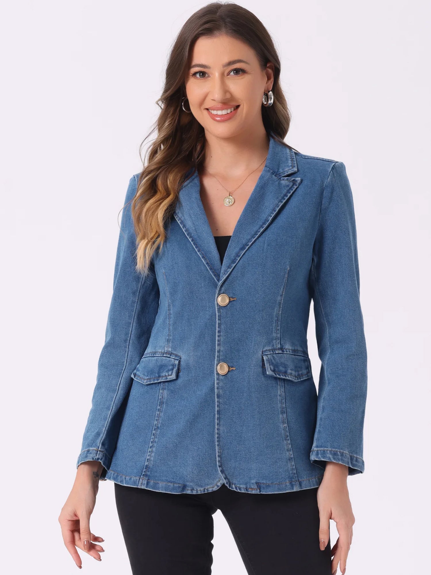 Notched Lapel Denim Single Breasted Shoulder Pad Blazer Jackets