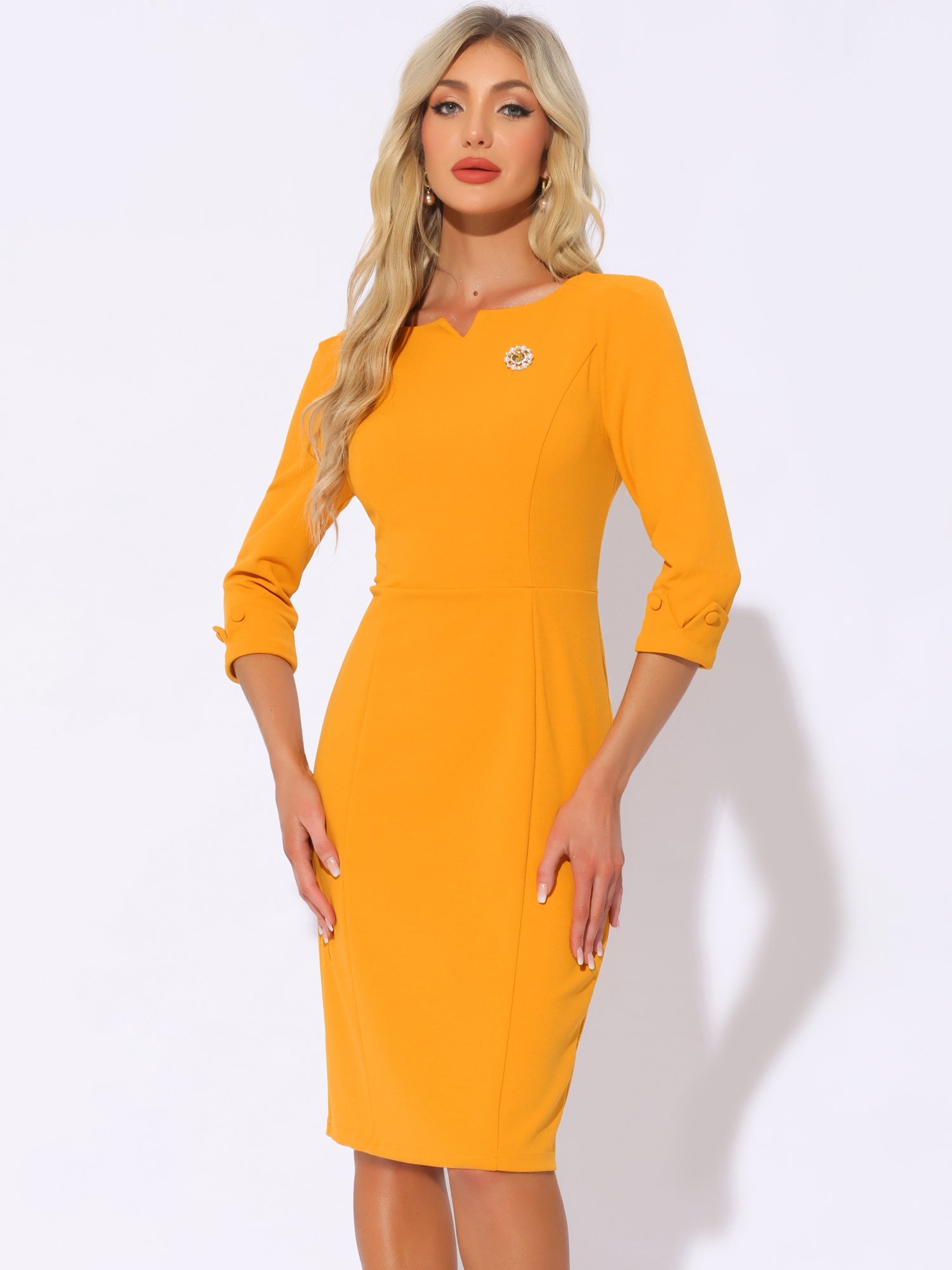 3/4 Sleeve Notch Neck Slim Fit Work Pencil Midi Dress