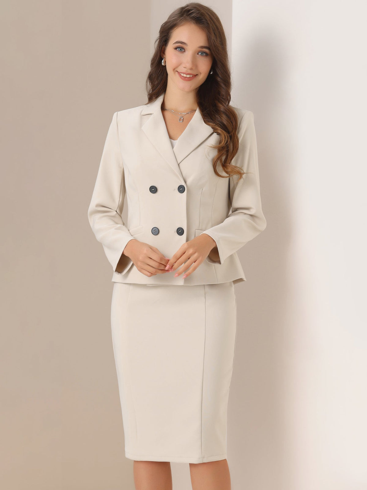 2 Pieces Long Sleeve Work Outfits Blazer and Pencil Skirt Suit Set