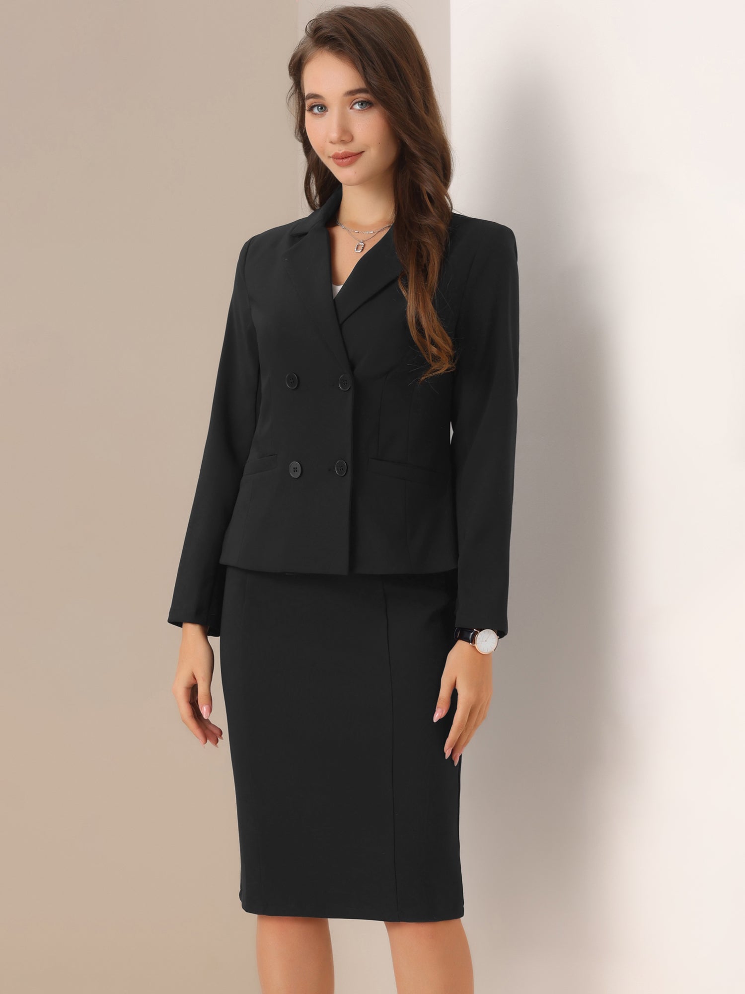 2 Pieces Long Sleeve Work Outfits Blazer and Pencil Skirt Suit Set