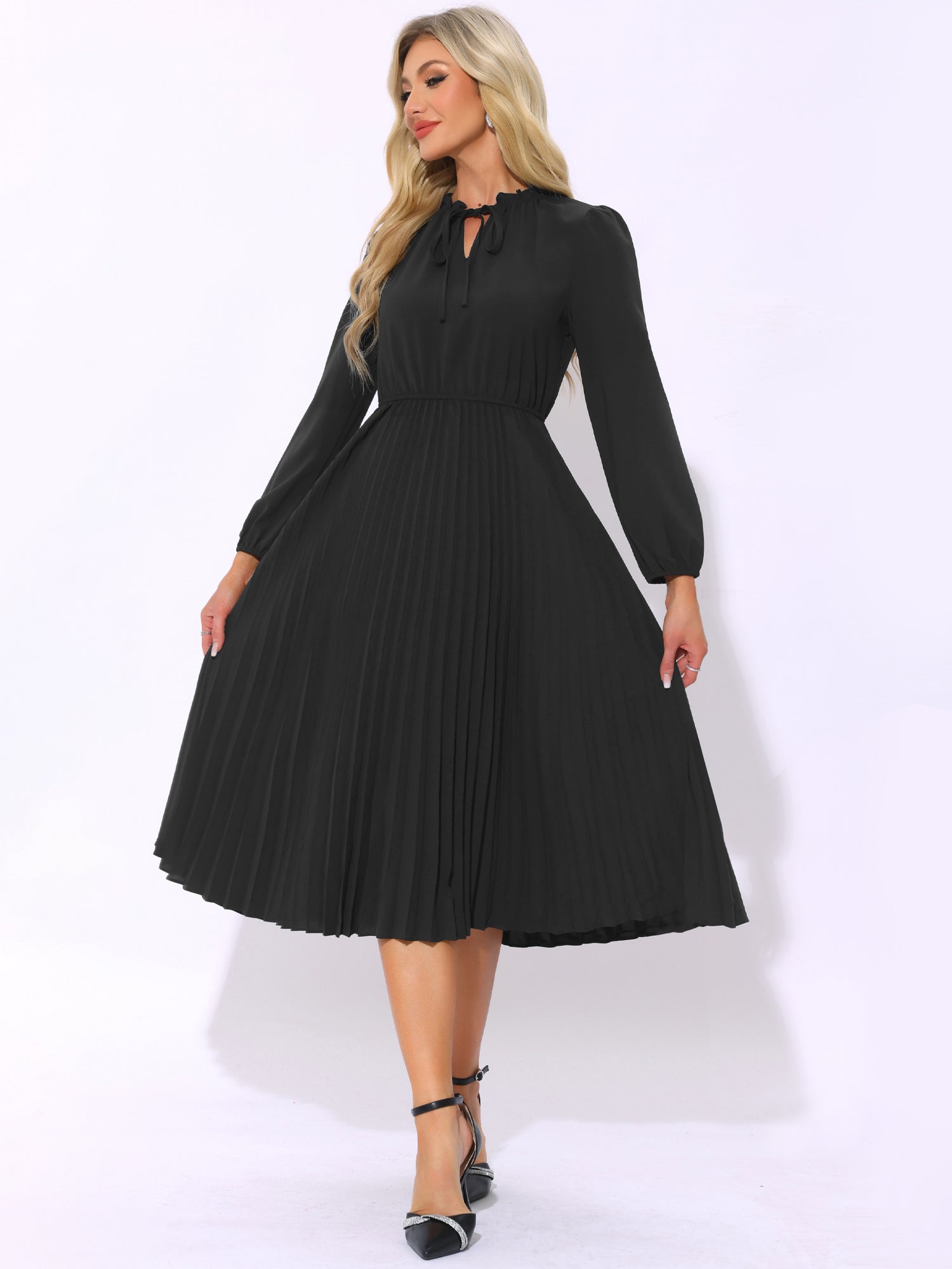 A-Line Flowy Long Sleeve Tie V Neck Pleated Midi Dress